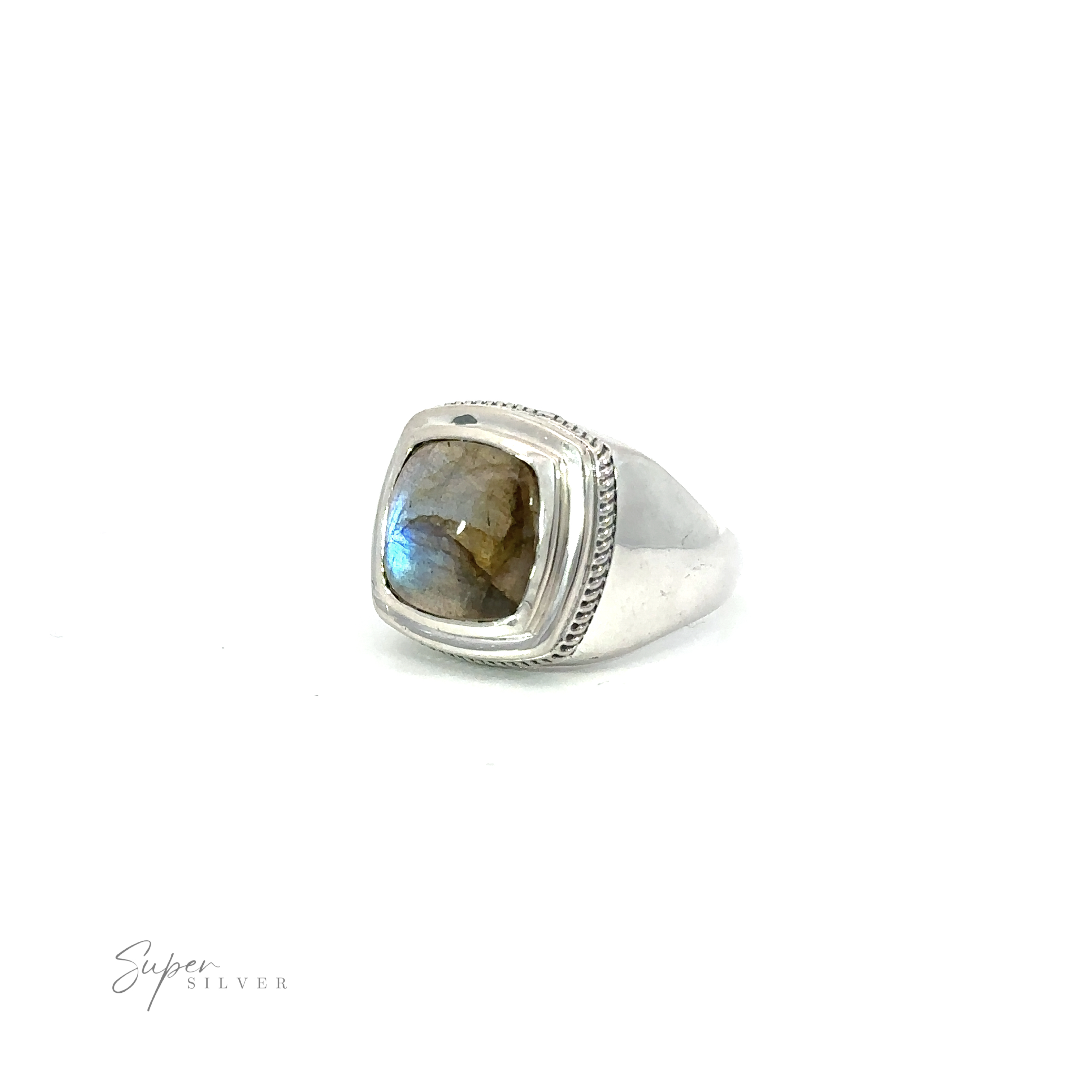 A modern silver Square Stone Signet Ring adorned with a stunning labradorite stone, perfect for adding a touch of elegance to any attire.