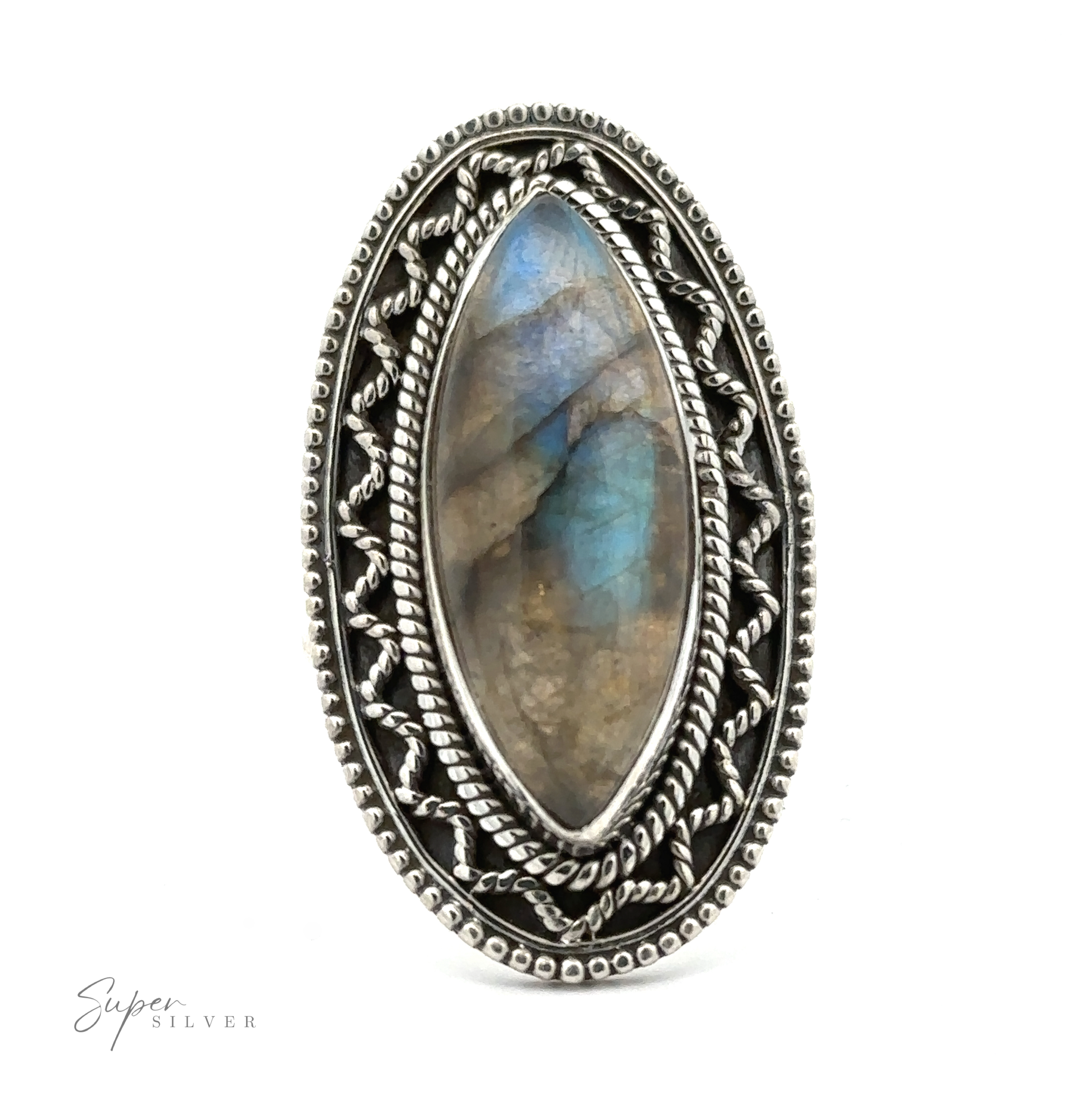 A marquise-shaped gemstone ring with vintage shield border. The gemstone displays subtle blue and brown hues, offering a bohemian twist to any outfit.