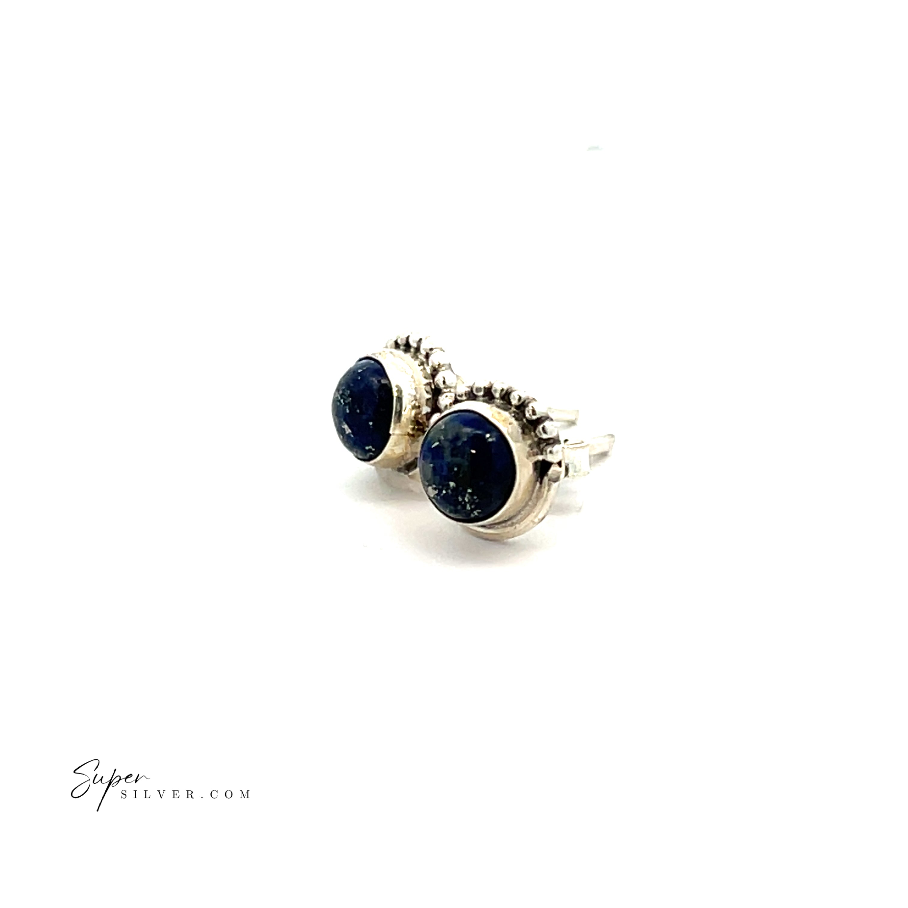 A pair of 5mm Gemstone Studs with a half bead design in sterling silver, featuring round dark blue stones set in decorative bezels on a white background.