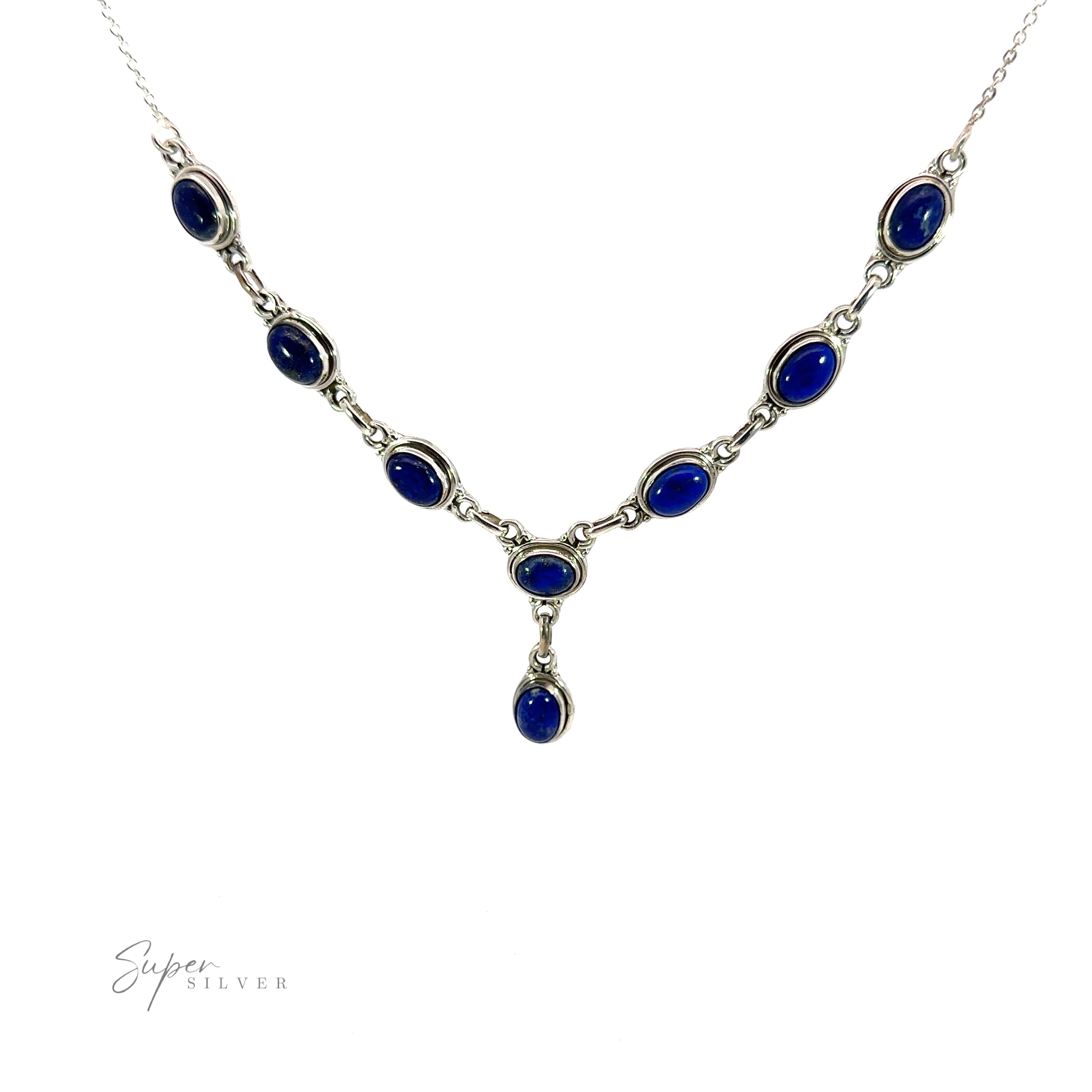 Simple Oval Y Necklace with Gemstones, featuring a series of connected blue oval gemstones, and a central drop pendant. "Super Silver" text logo at the bottom left, adding a touch of bohemian charm.