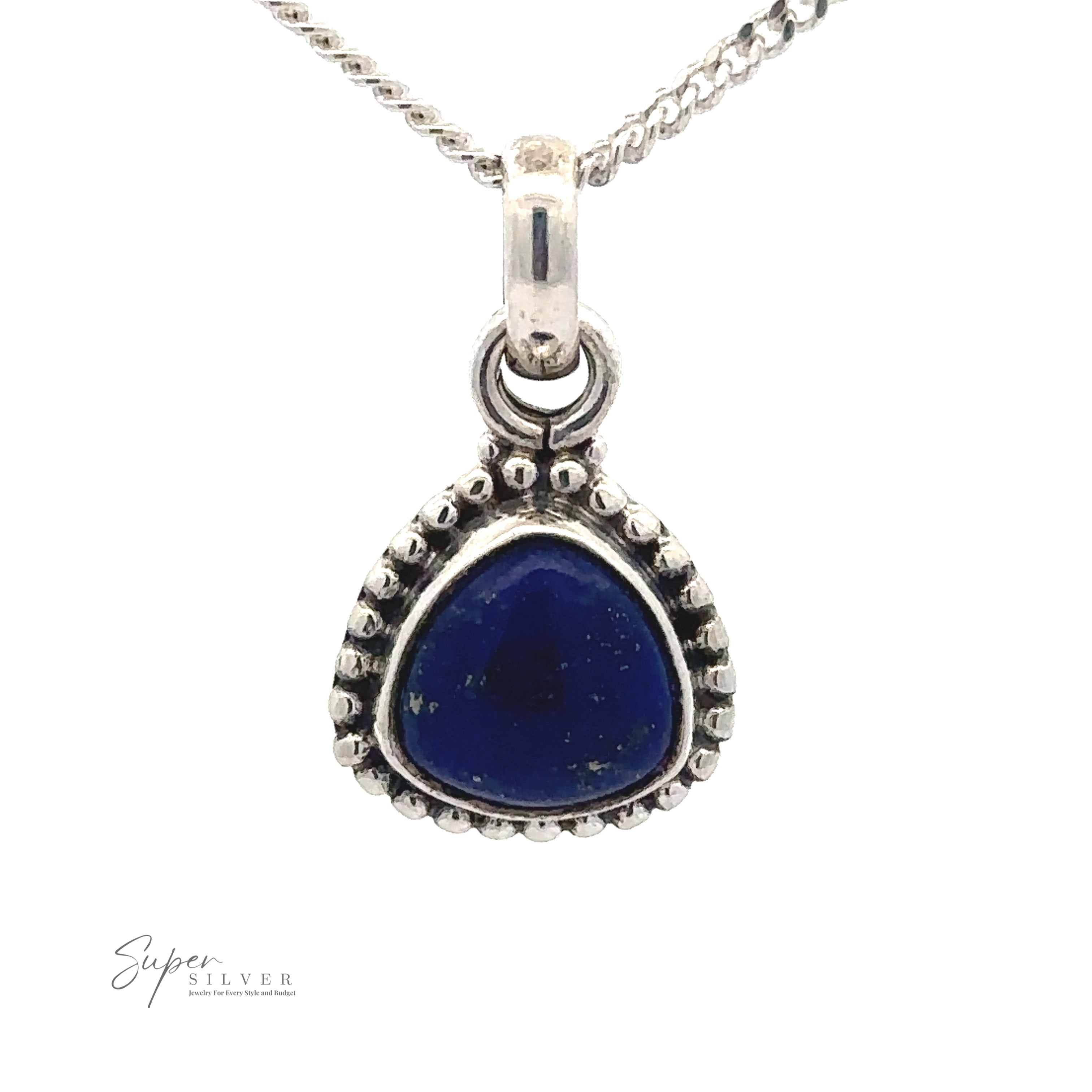 A sterling silver necklace features a Beautiful Triangular Shape Stone Pendant With Beaded Design, complemented by an intricate beaded design.