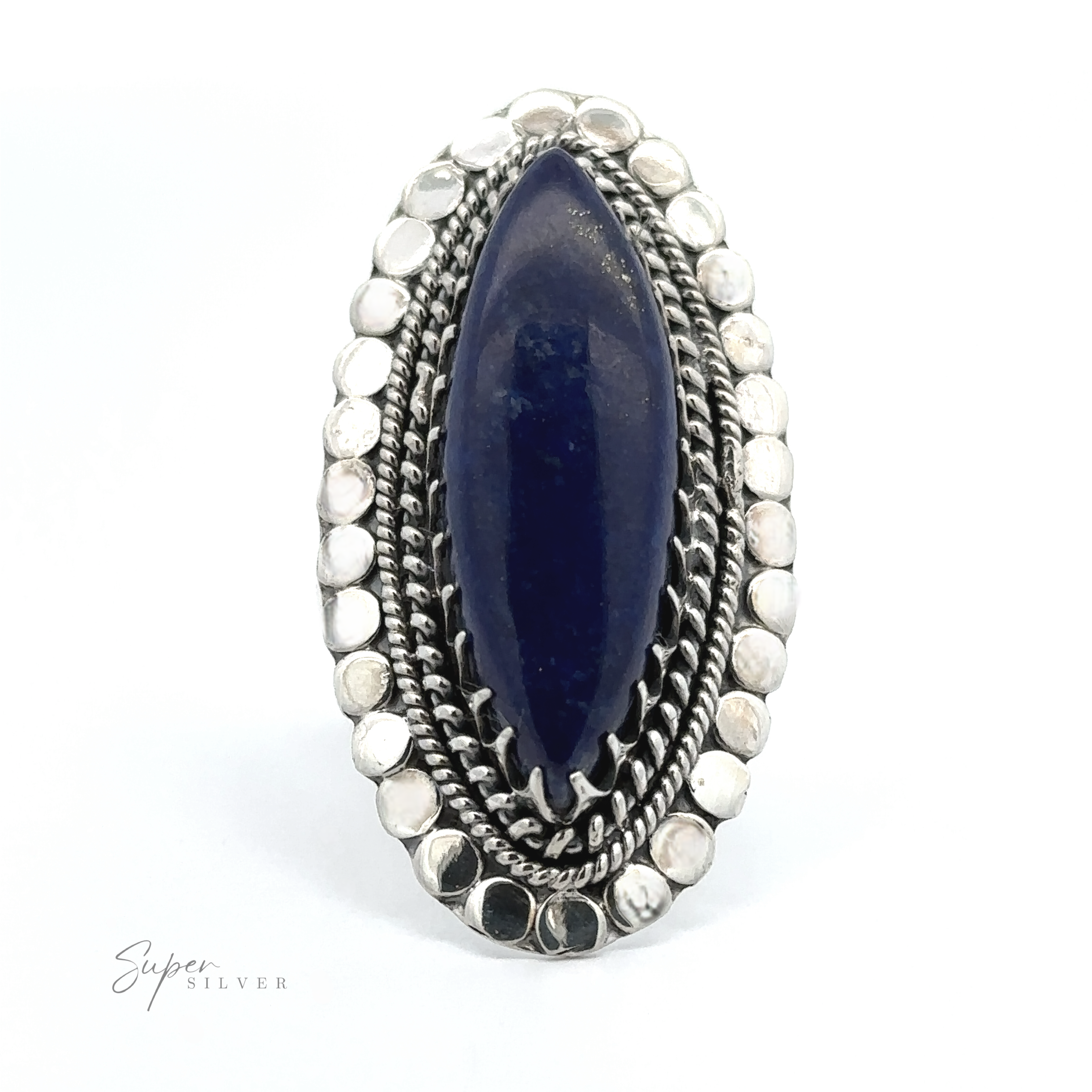 Oval blue stone set in a silver ring with braided and beaded details, displayed on a white background. This Statement Marquise Shaped Gemstone Ring features text in the image reading "Super Silver".
