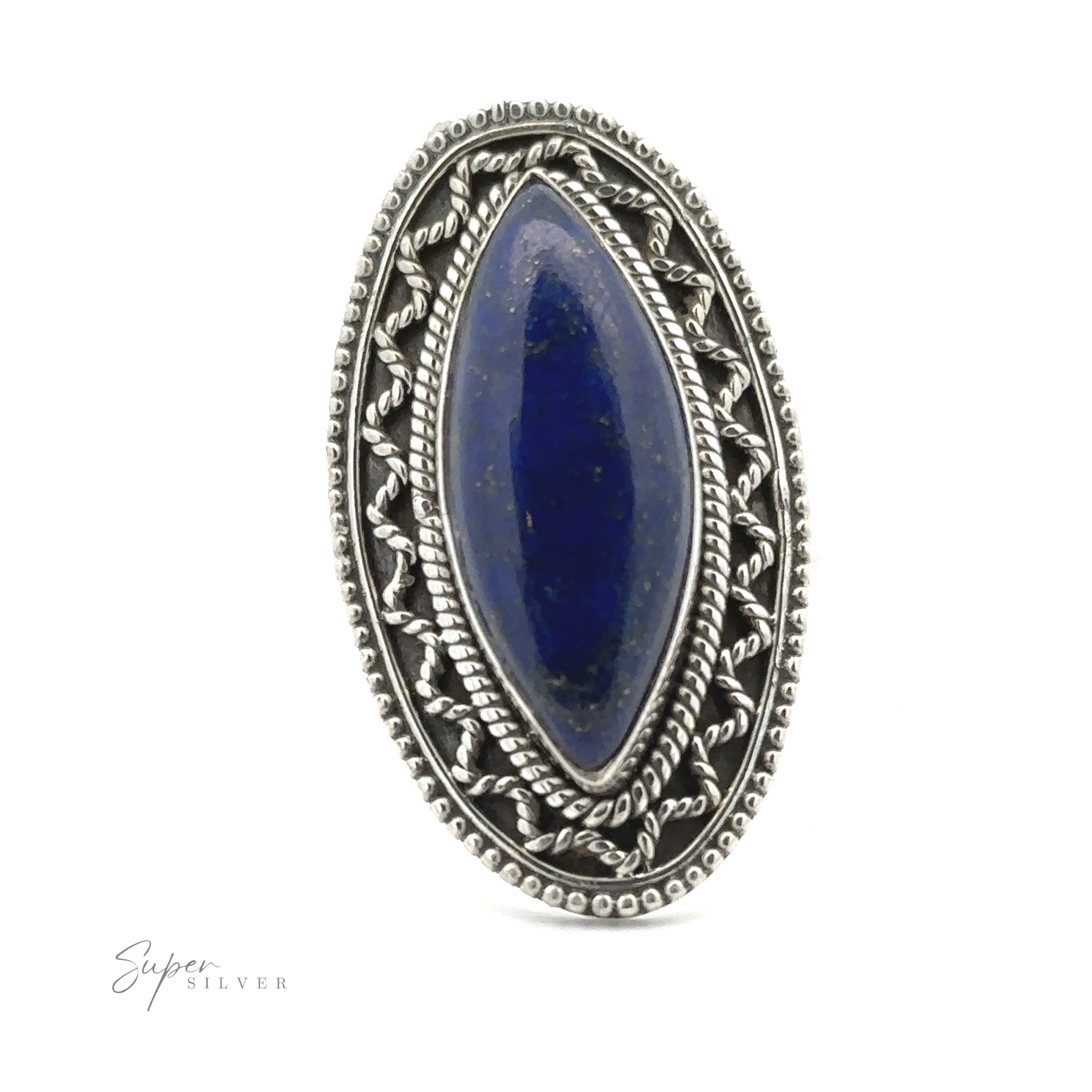 Oval-shaped sterling silver ring with intricate detailing, featuring a dark blue marquise-cut stone in the center. Branding text reads "Super Silver" in the lower left corner, giving this Marquise Shaped Gemstone Ring With Vintage Shield Border a Bohemian twist.
