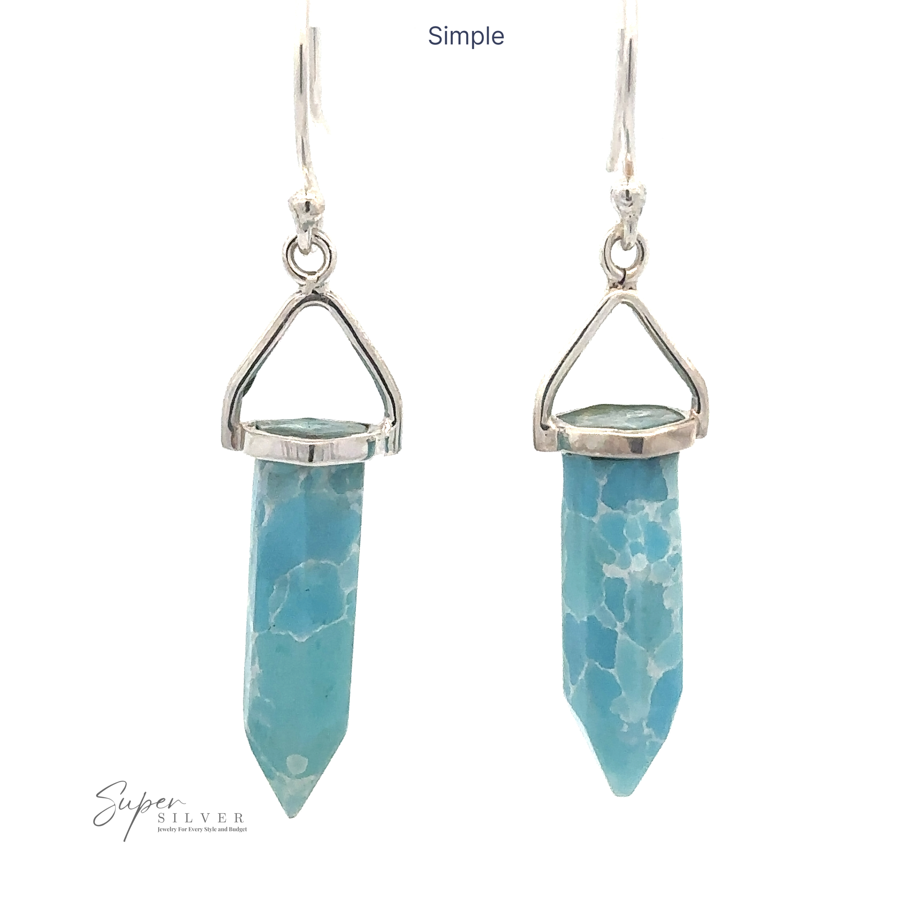 Pair of Obelisk Shape Raw Larimar Earrings featuring blue, faceted crystal pendants and elegant french hooks.