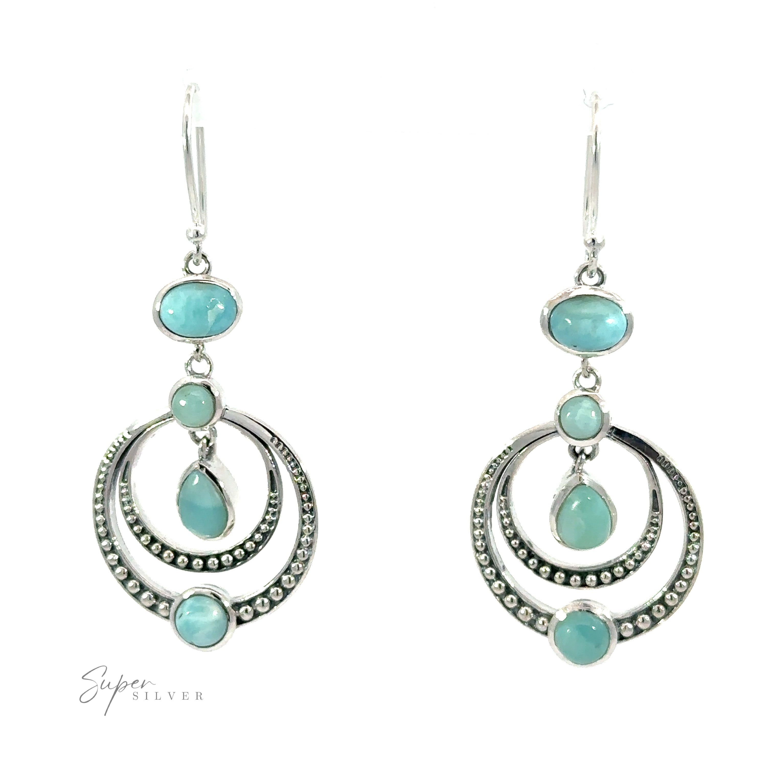 Overlapping Circle Earrings with Vibrant Gemstones featuring a symmetrical bead pattern, hooks for pierced ears, and made from .925 Sterling Silver. These Bali-style earrings are adorned with the "Super Silver" logo in the bottom left corner.