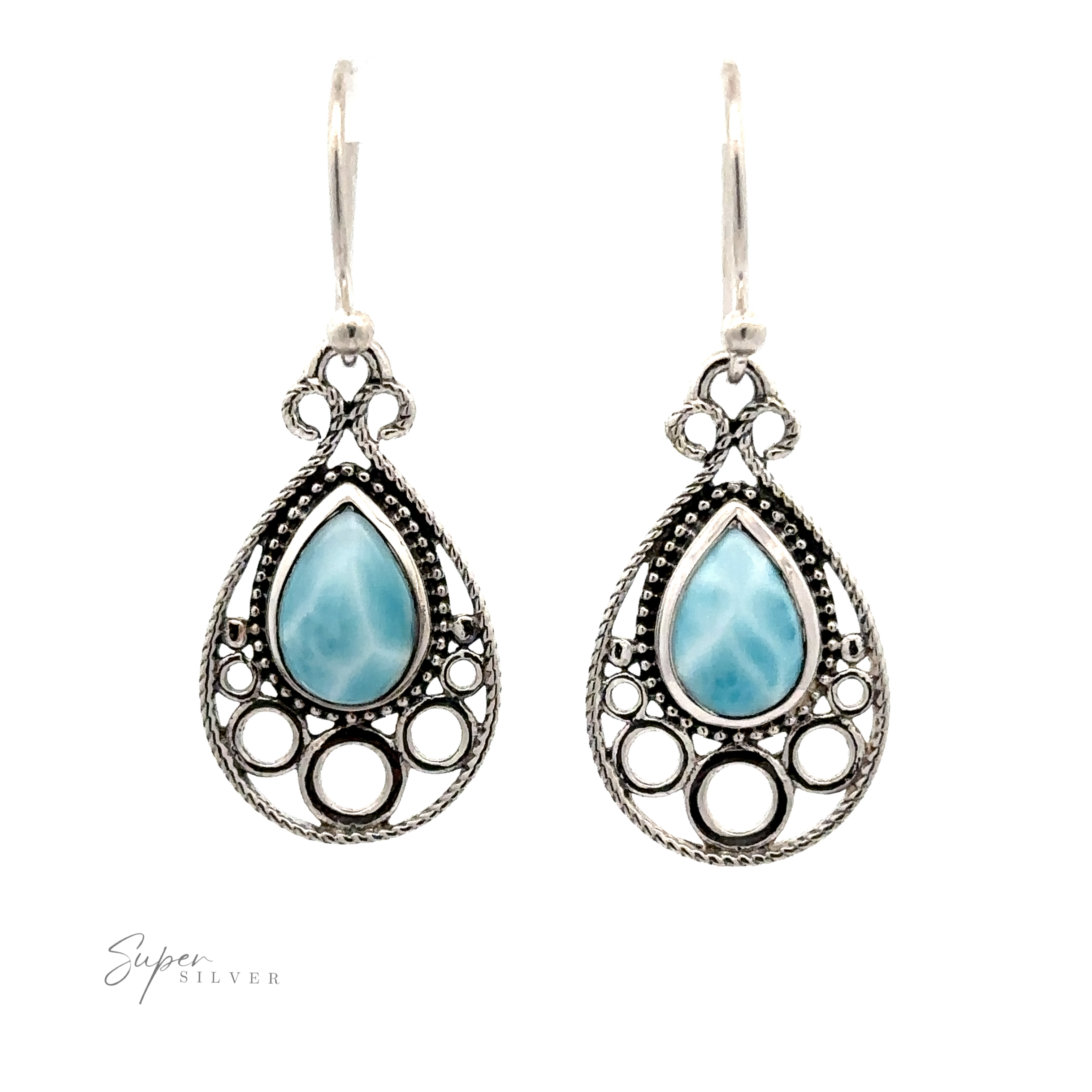 Teardrop Larimar Earrings with teardrop-shaped Larimar stones and circular cutout details.