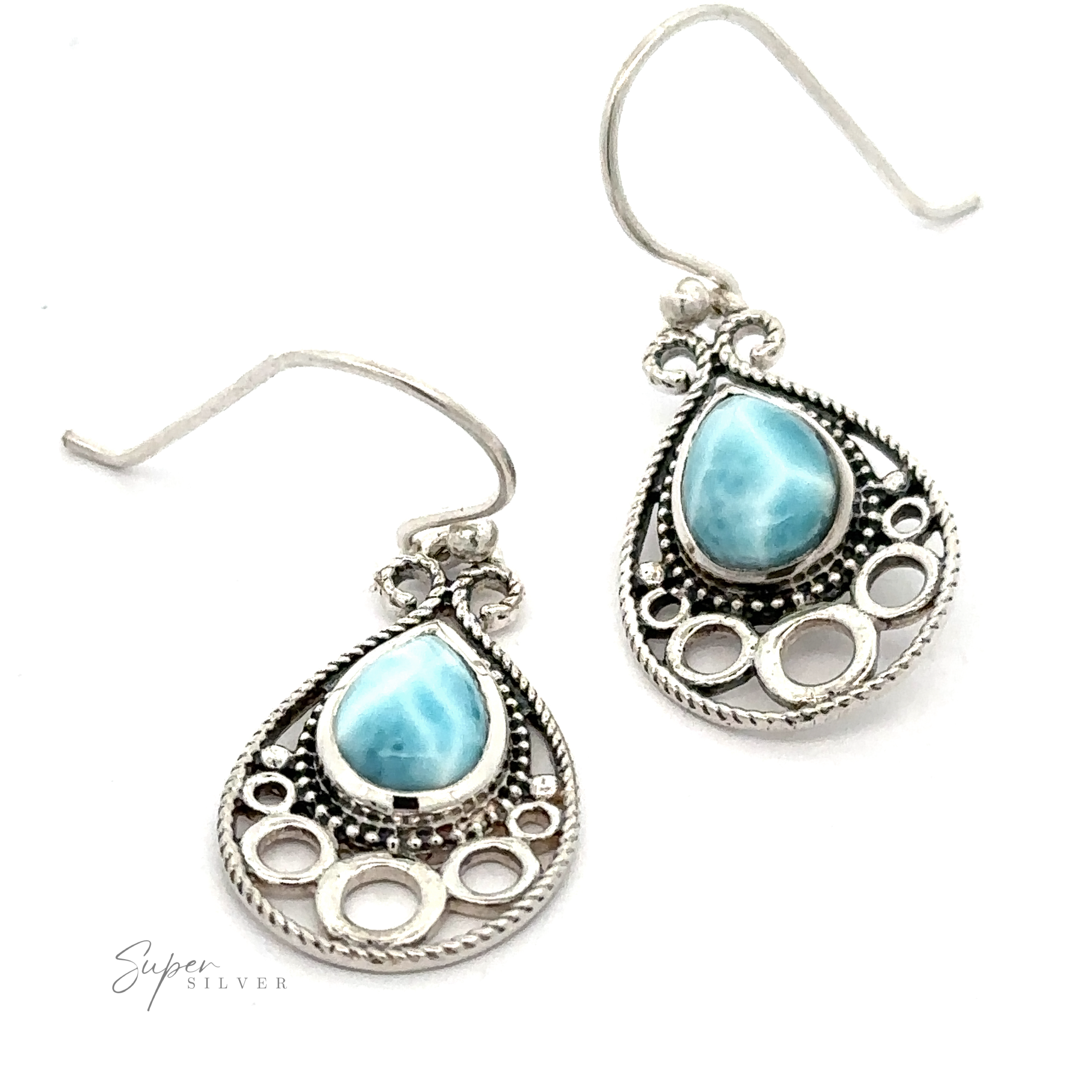 Teardrop Larimar Earrings with Larimar stone accents and an intricate cut-out design.