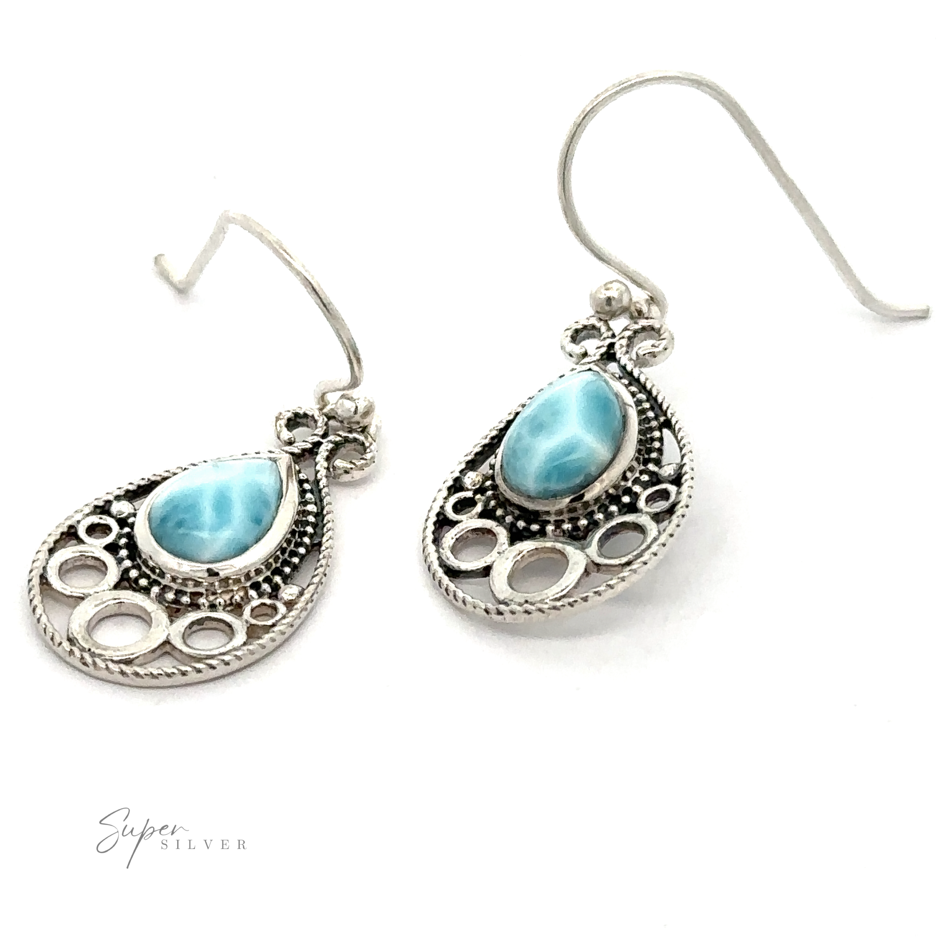 Teardrop Larimar Earrings with intricate designs featuring teardrop-shaped blue gemstone accents, displayed against a plain white background.