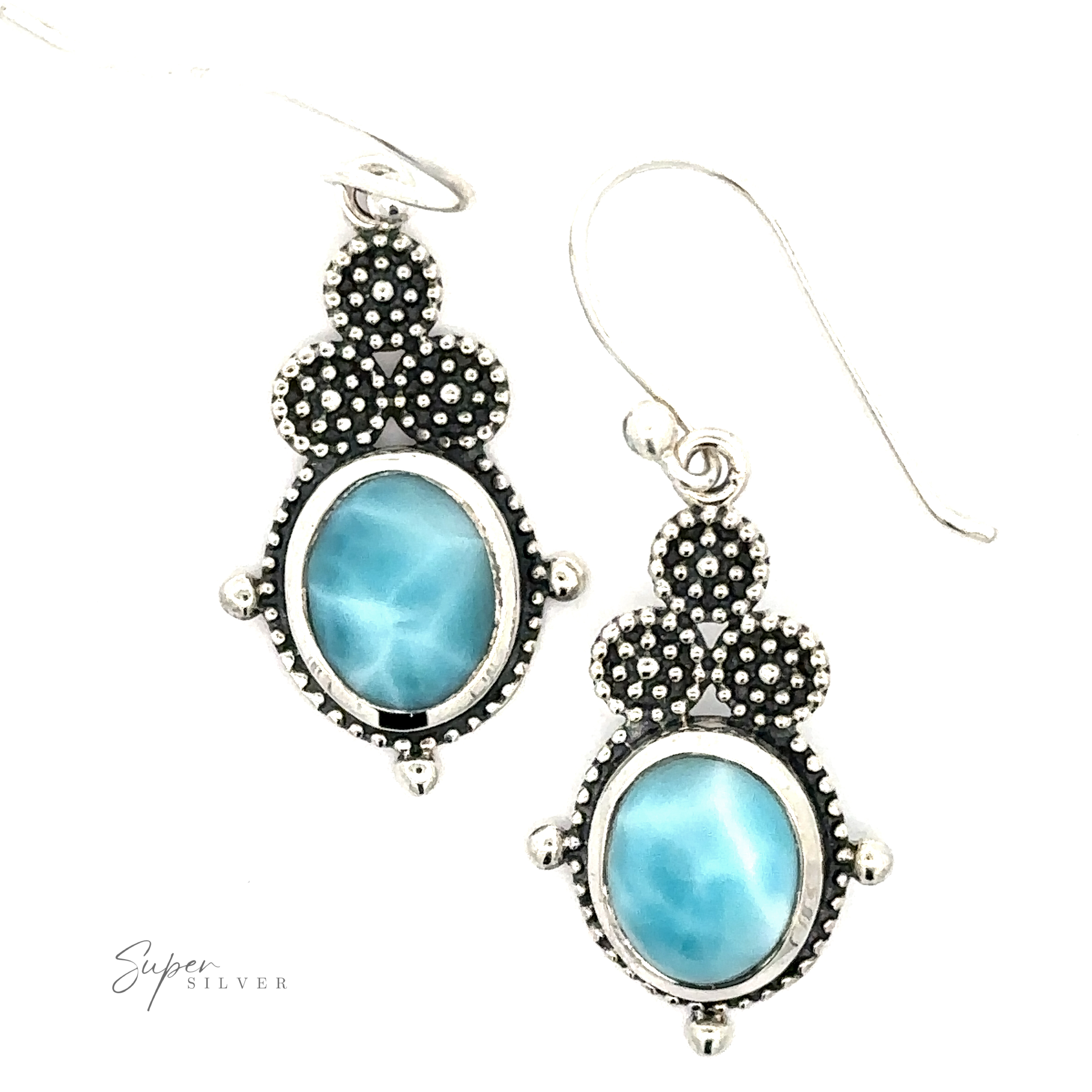 A pair of Beaded Oval Larimar Dangle Earrings with intricate detailing features oval Larimar stones. The elegant design includes hooks for wearing.