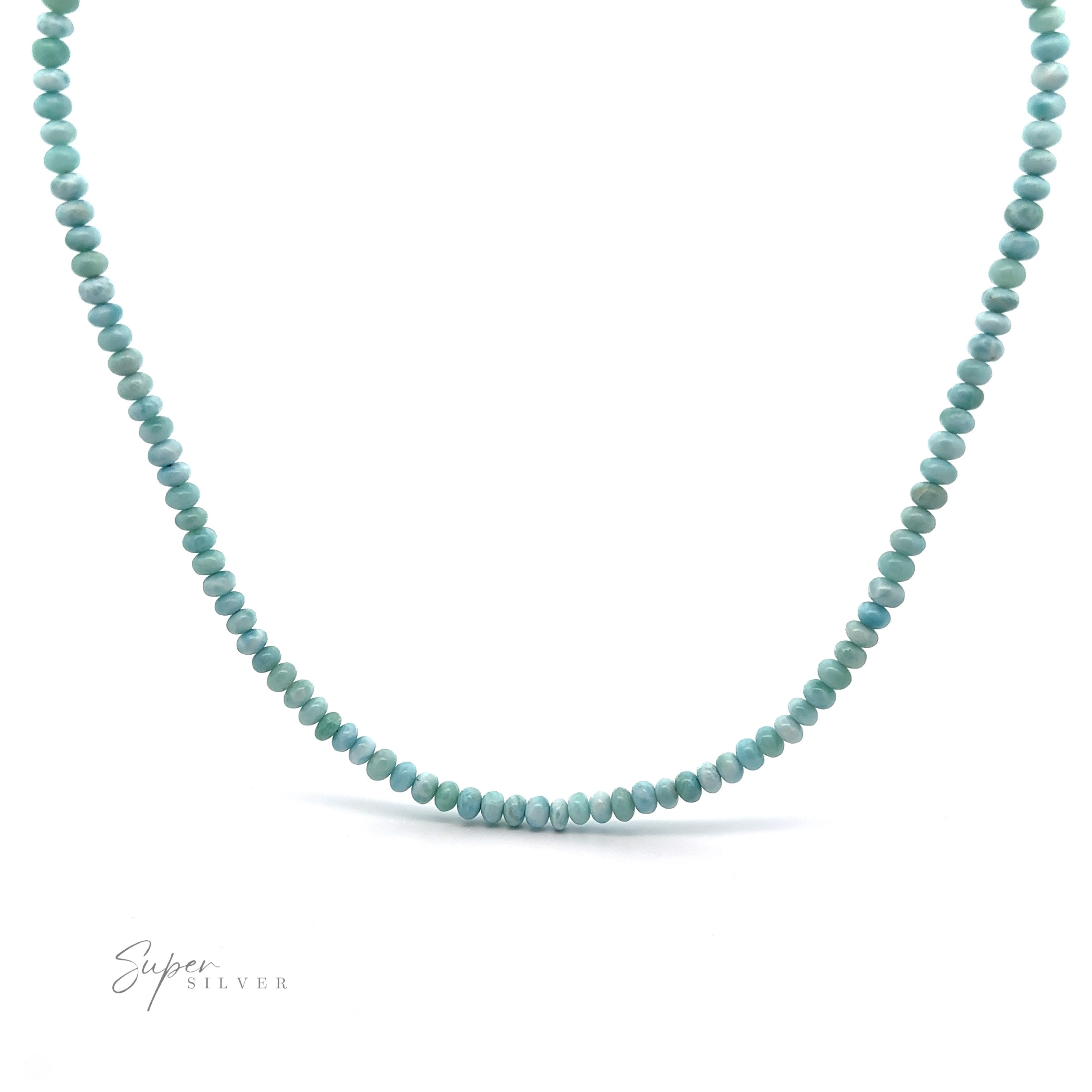 A Larimar Beaded Necklace displayed in a single loop with evenly spaced round beads. The background is plain white, and the "Super Silver" logo is present in the bottom left corner. This Caribbean necklace, often called the Stone of Atlantis, exudes elegance and mystique.