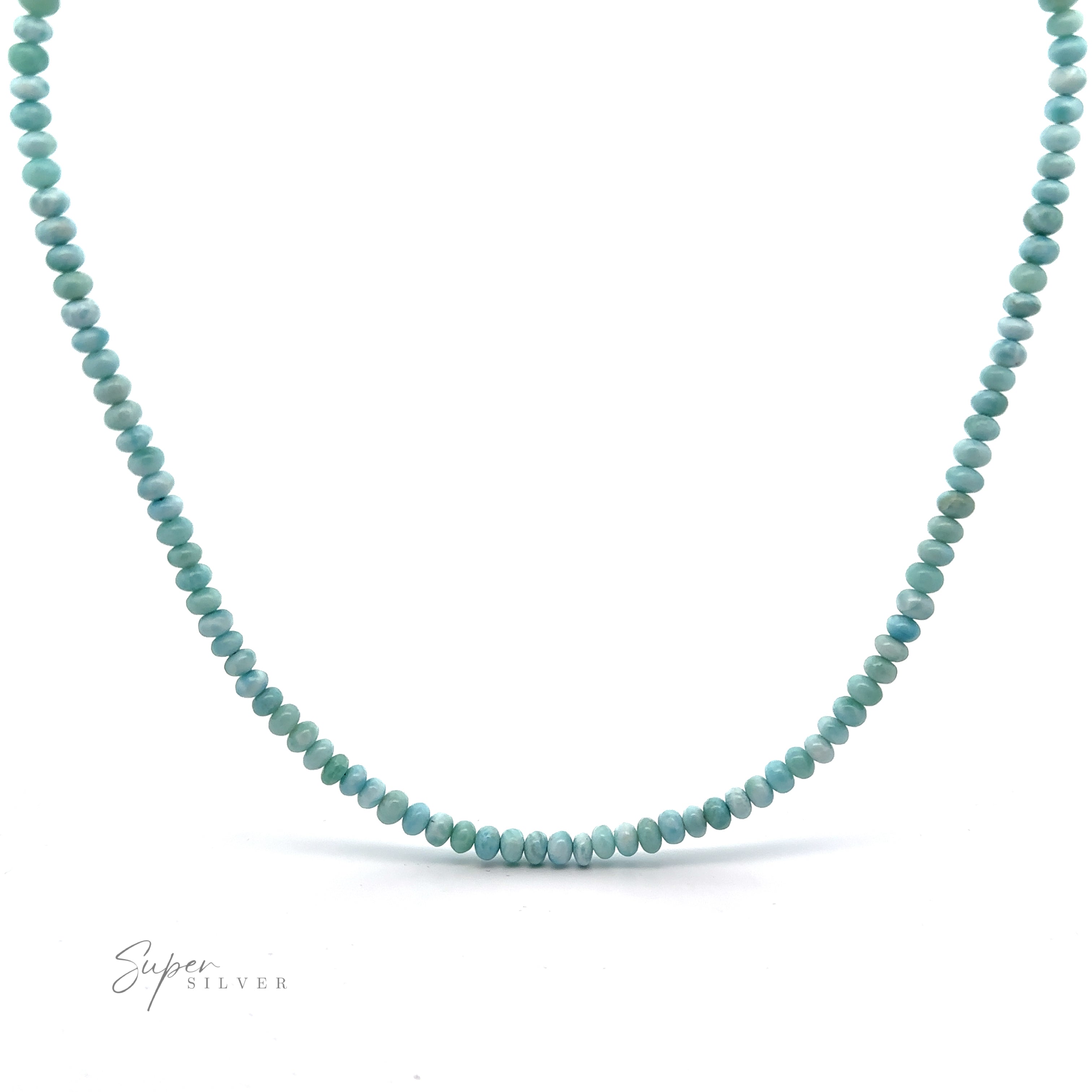 A turquoise beaded necklace with small, evenly-sized beads arranged in a single strand, displayed against a plain white background. The words "Super Silver" are written in the lower left corner, highlighting this exquisite Larimar Beaded Necklace.