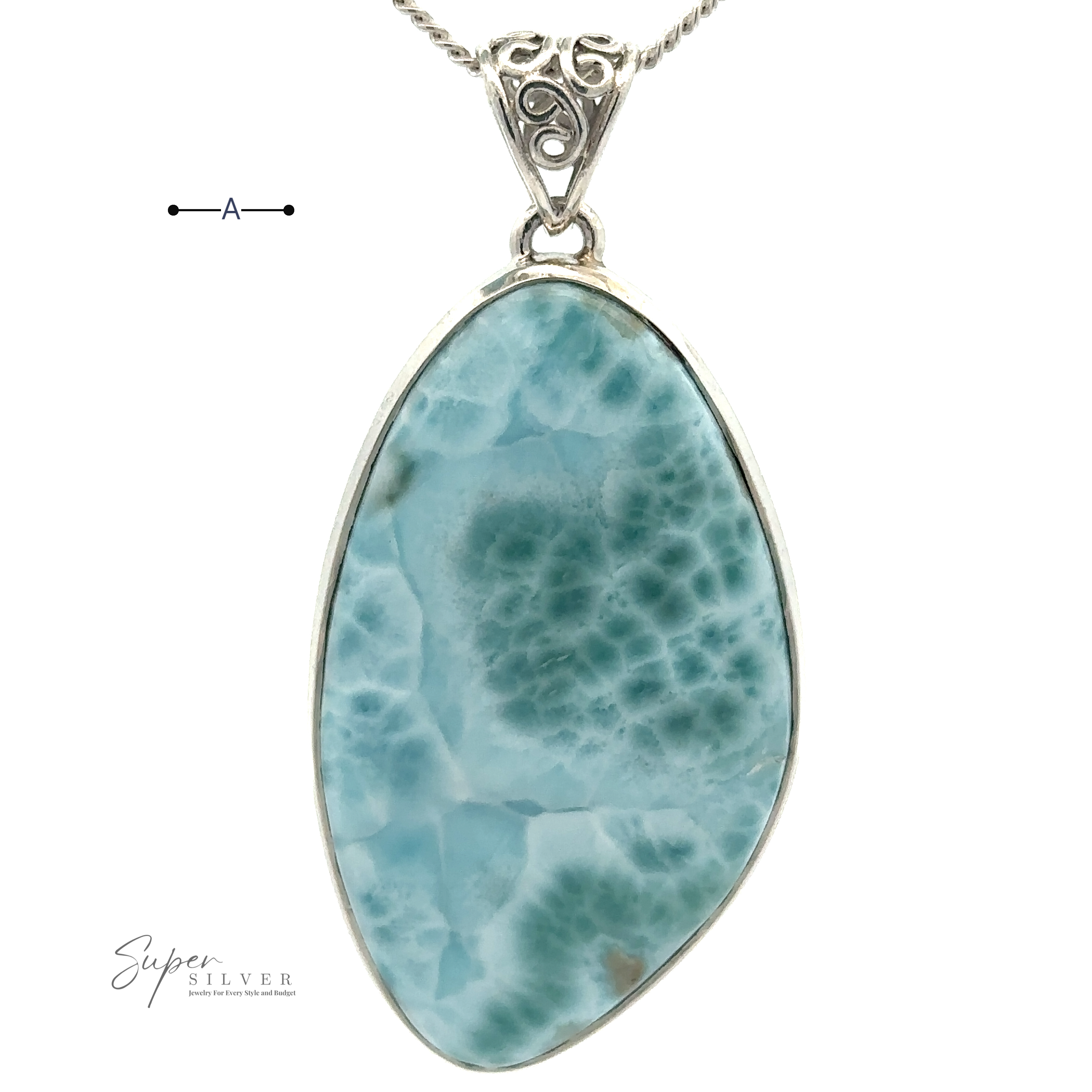 A Freeform Large Larimar Pendant featuring a large, polished blue-green larimar stone set in a sterling silver frame hangs on a chain.