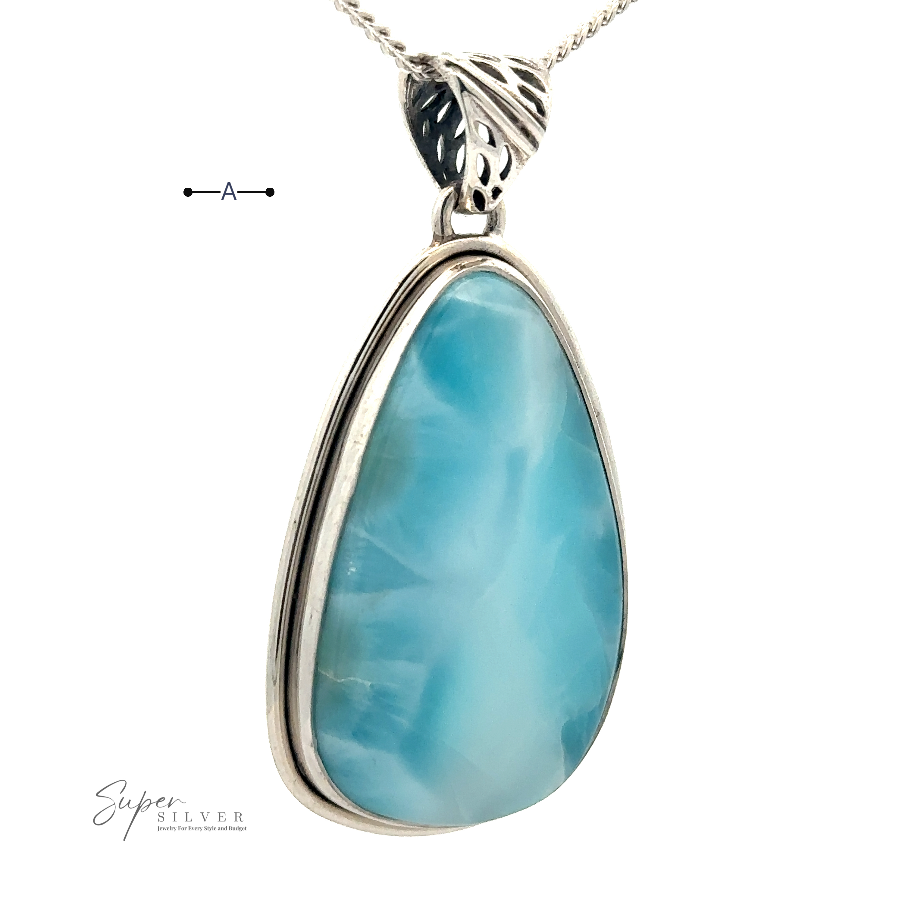 An elegant Larimar Pendant with Simple Border hangs from a chain.