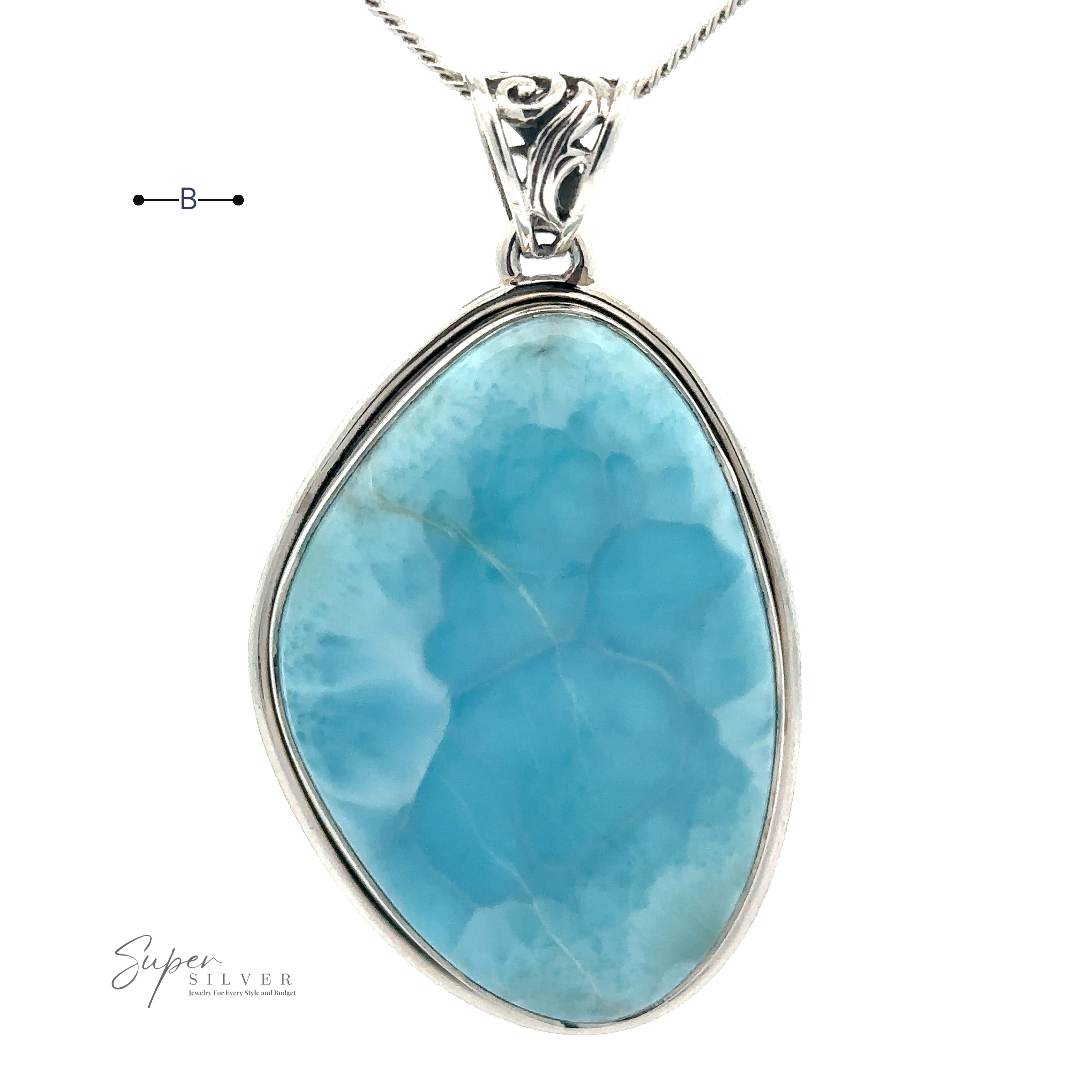 An elegant Larimar Pendant with Simple Border with a sterling silver setting and an ornate bail, hanging on a chain. The background is white.
