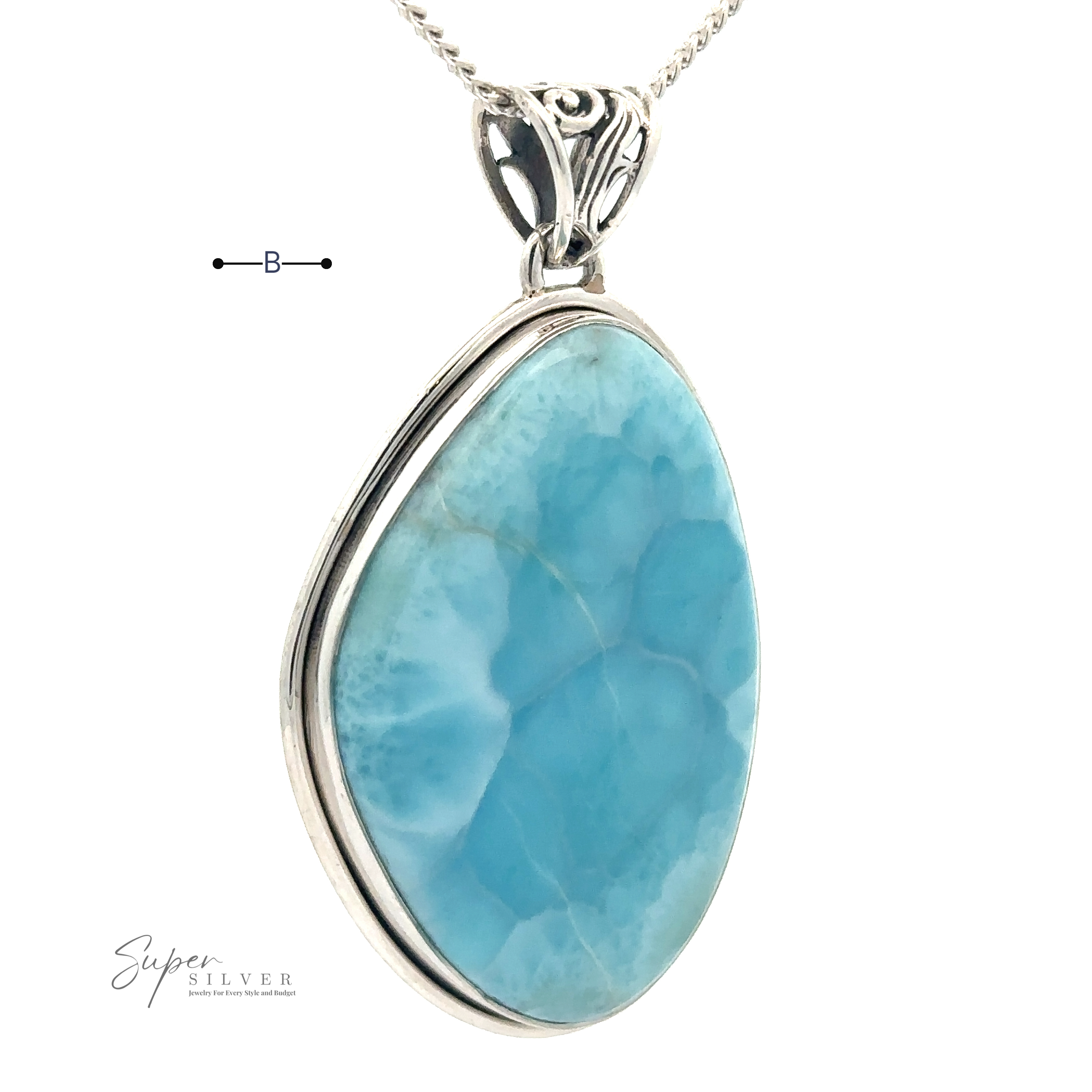 A teardrop-shaped Larimar Pendant with Simple Border in a sterling silver setting is suspended from a delicate silver chain. The elegant pendant features a pattern of lighter blue and white hues. The brand name "Super Silver" is visible.