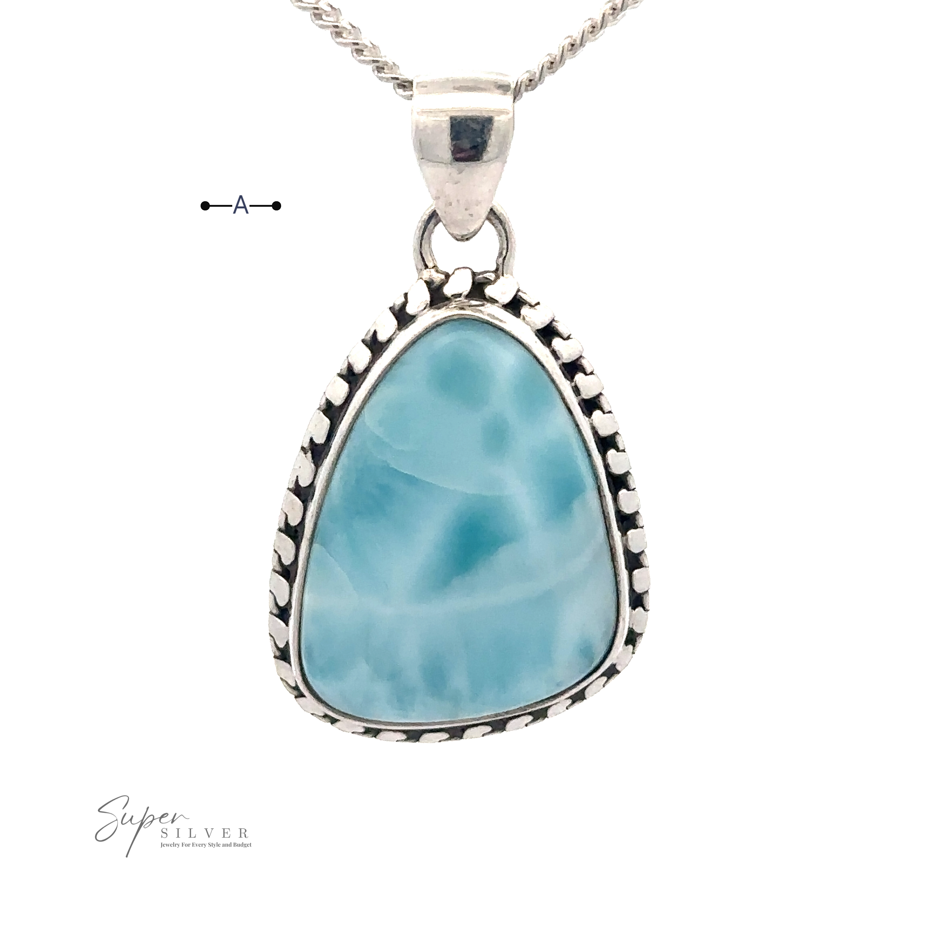 A triangular Larimar Pendant with Decorated Border set in .925 Sterling Silver with a wavy blue and white pattern. The pendant features a small loop at the top for attaching to your choice of chain (chain not included).