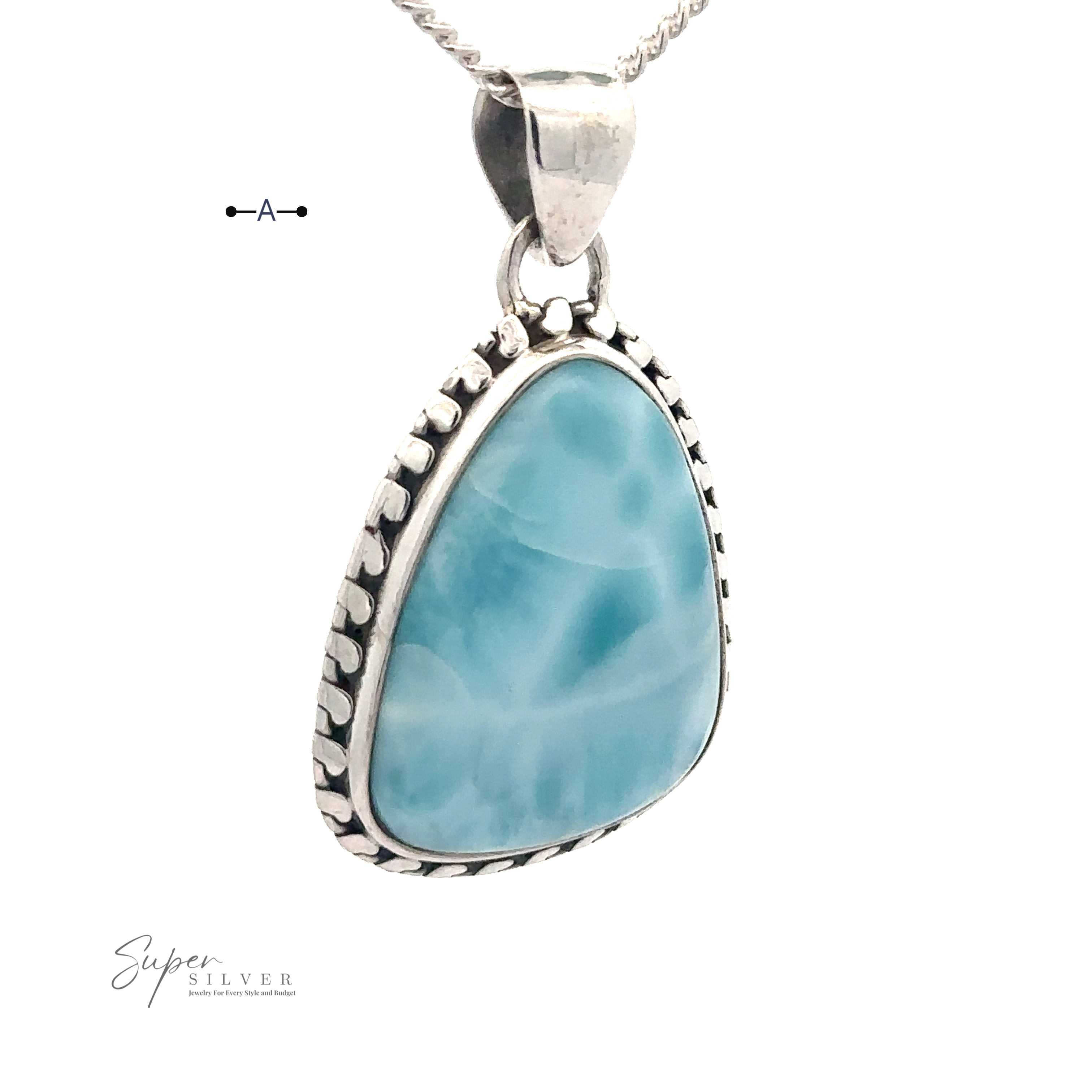 A Larimar Pendant with Decorated Border set in a .925 Sterling Silver frame with a twisted rope design, elegantly hanging from your favorite chain (chain not included).