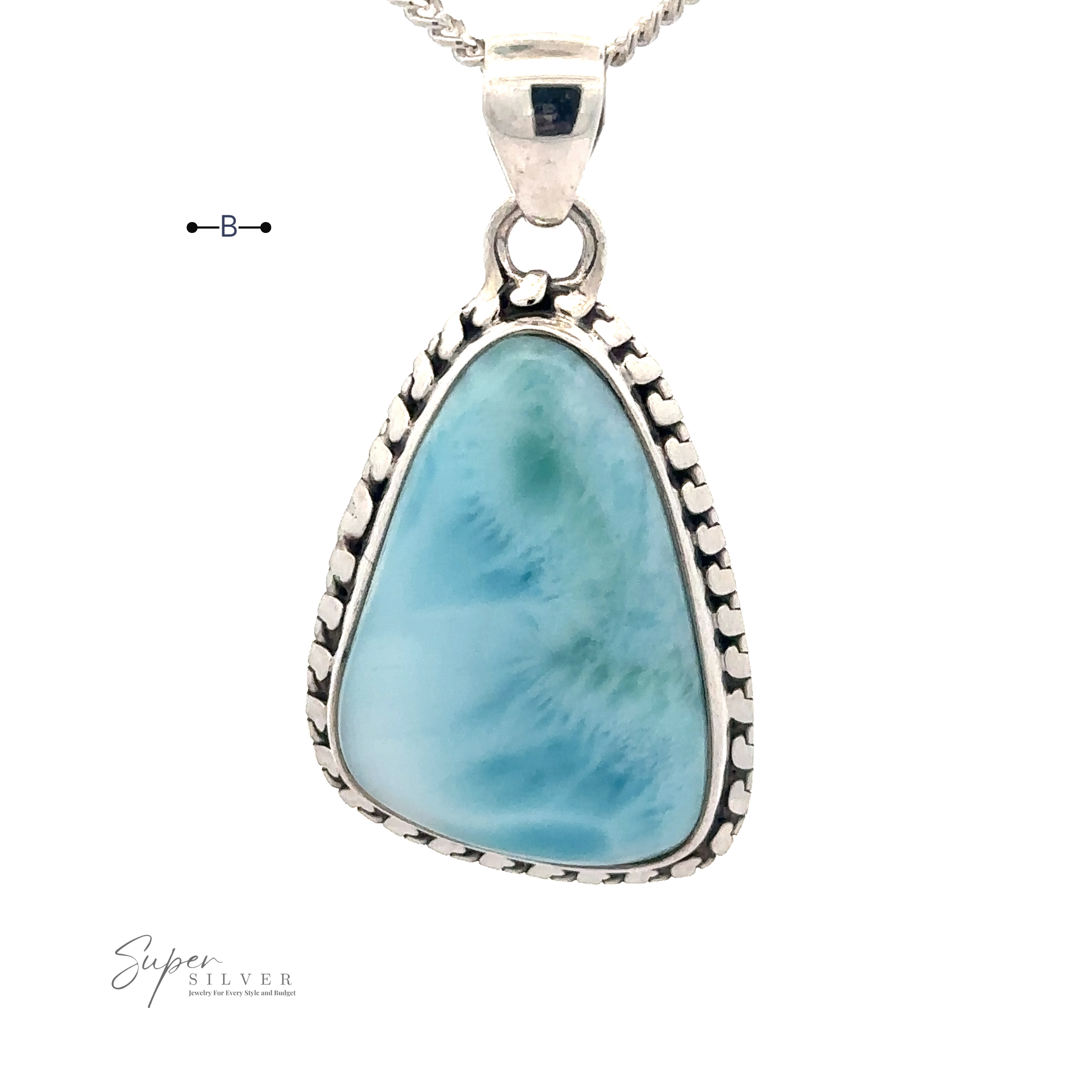 Larimar Pendant with Decorated Border with a stunning blue Larimar gemstone set in a decorative .925 Sterling Silver frame, hanging from a silver chain. The background is a plain white surface. Chain not included.