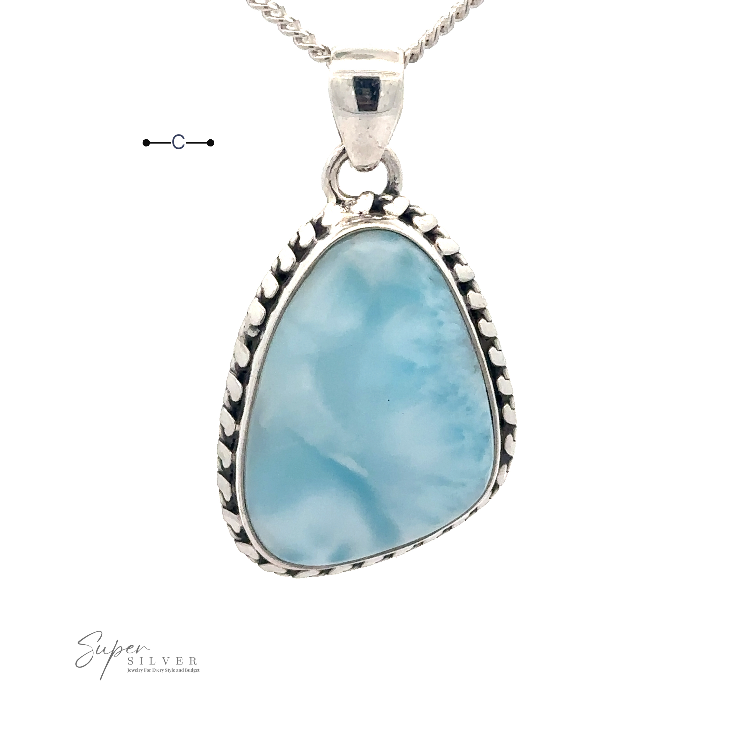 A silver necklace with a triangular pendant featuring a large, light blue Larimar stone with a marbled pattern. The pendant has a detailed border design and is crafted from .925 Sterling Silver. The text "Larimar Pendant with Decorated Border" is at the bottom left. Chain not included.