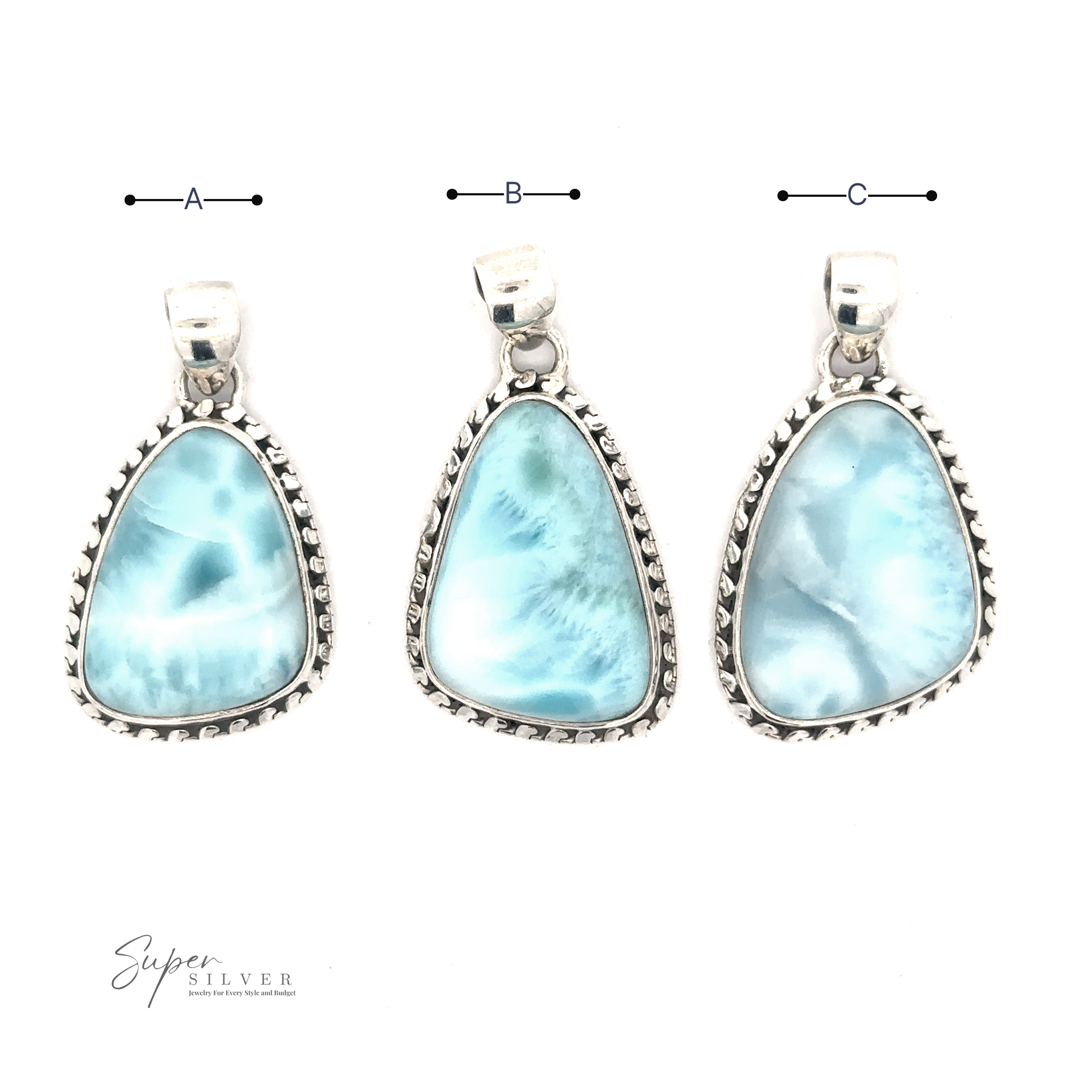 Three Larimar Pendant with Decorated Border labeled A, B, and C. Each pendant varies slightly in size and shape. The image branding reads "Super Silver" in the bottom left corner. Chain not included.