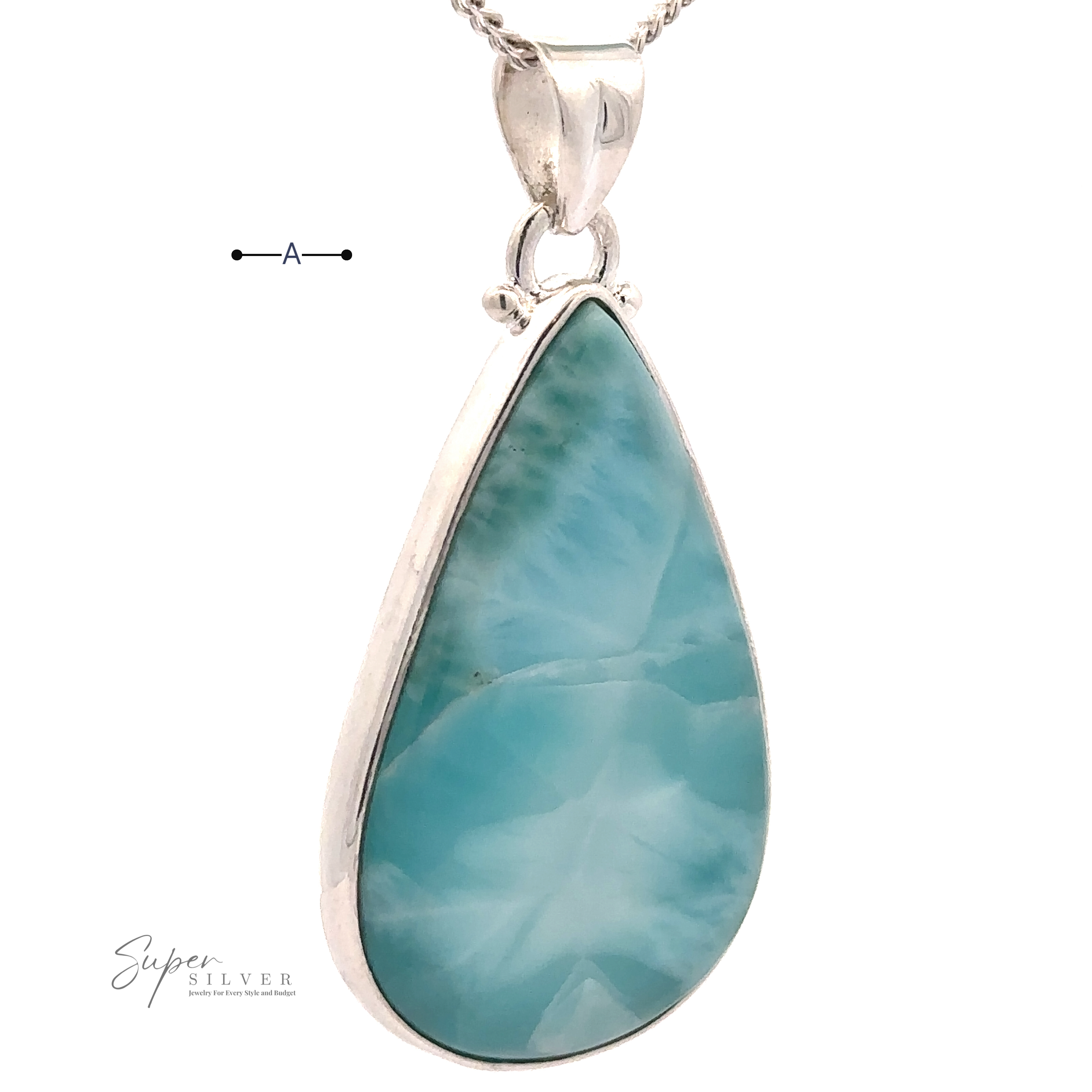 A sterling silver drop pendant featuring a large, tear-shaped Larger Teardrop Larimar Pendant.