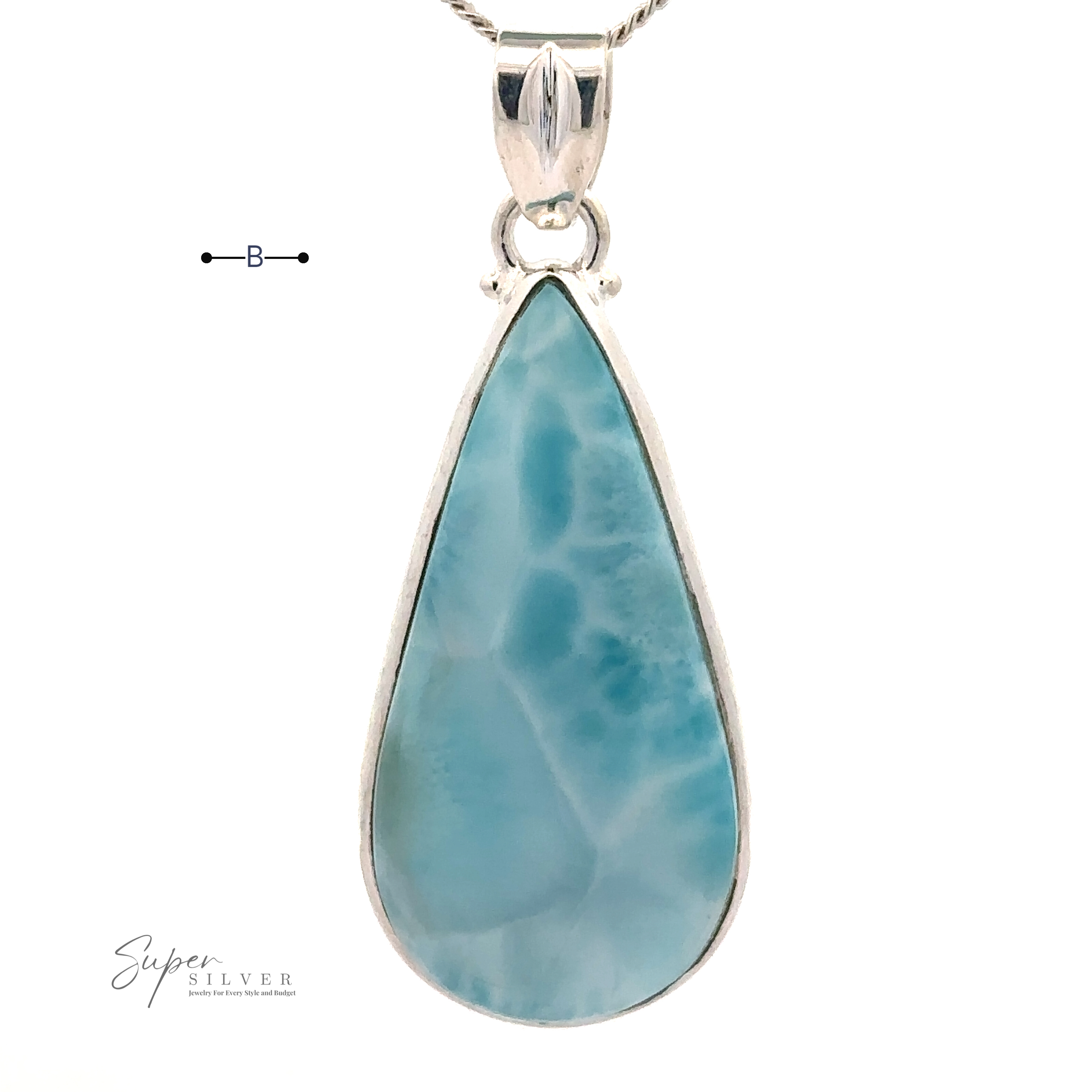 A Larger Teardrop Larimar Pendant set in sterling silver on a chain, labeled "Super Silver.