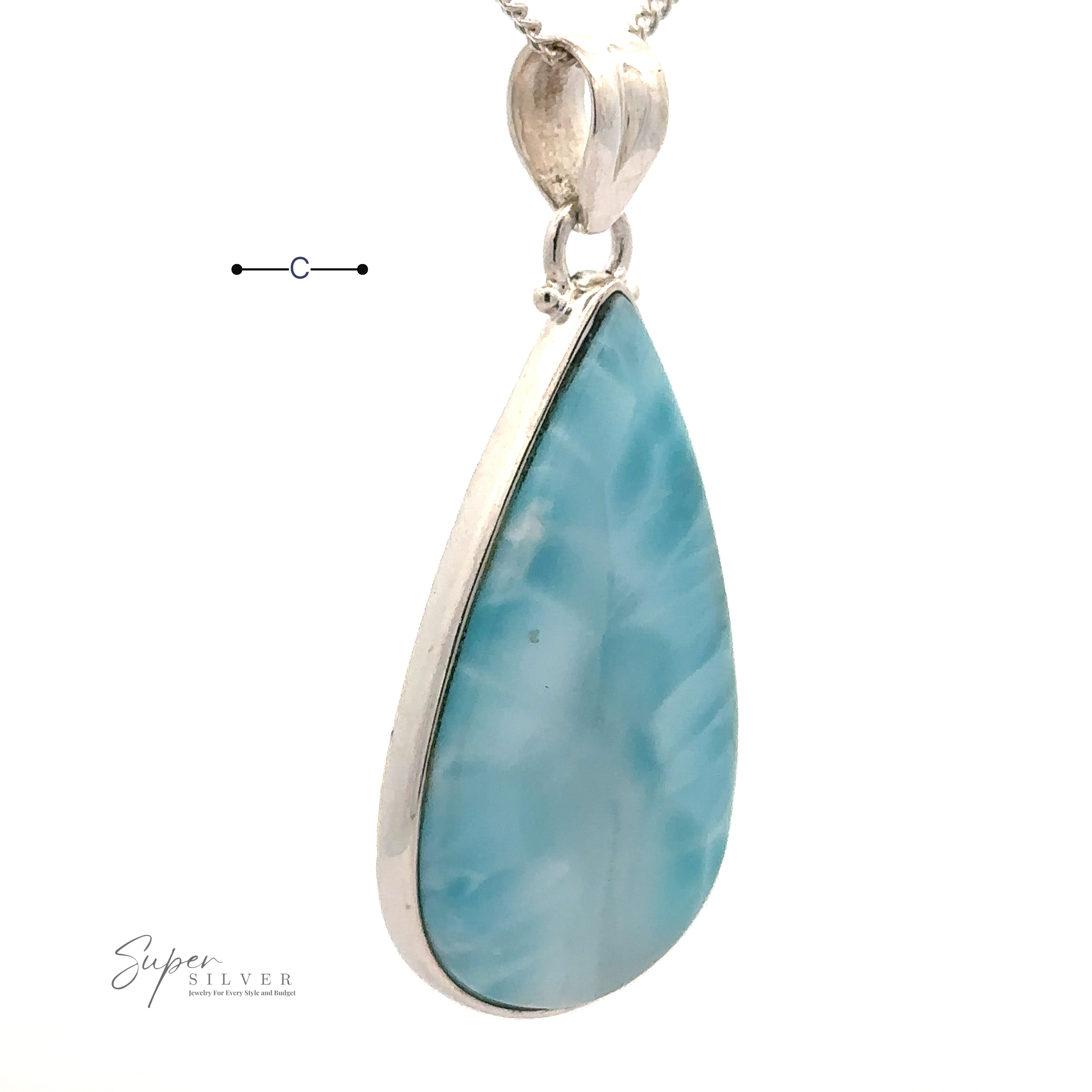A Larger Teardrop Larimar Pendant set in Sterling Silver hangs from a silver chain. The background is plain white, displaying the Super Silver logo in the bottom left corner.