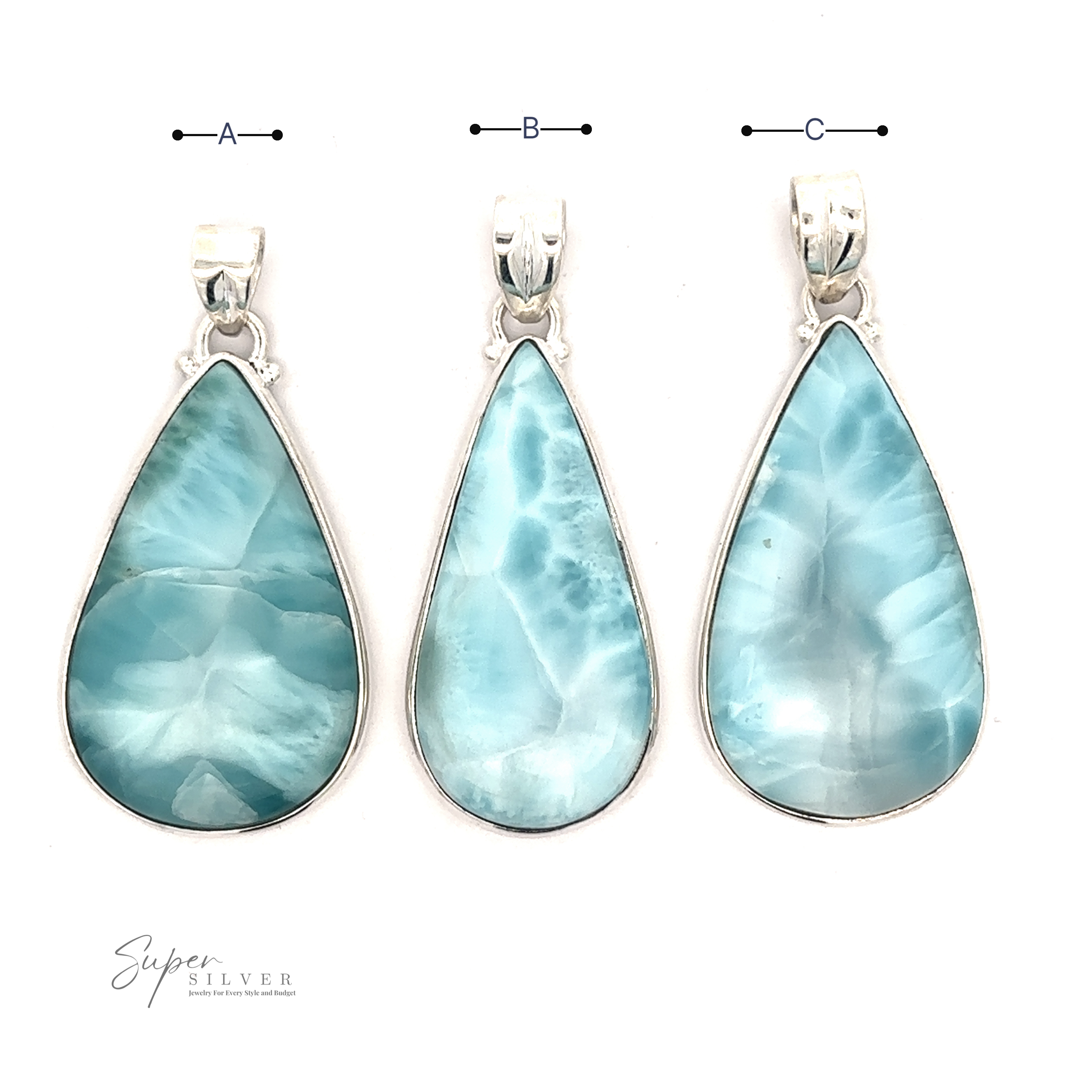 Three Larger Teardrop Larimar Pendants with blue, teardrop-shaped stones labeled A, B, and C are displayed in a row on a white background. The logo reading "Super Silver" is in the bottom-left corner.