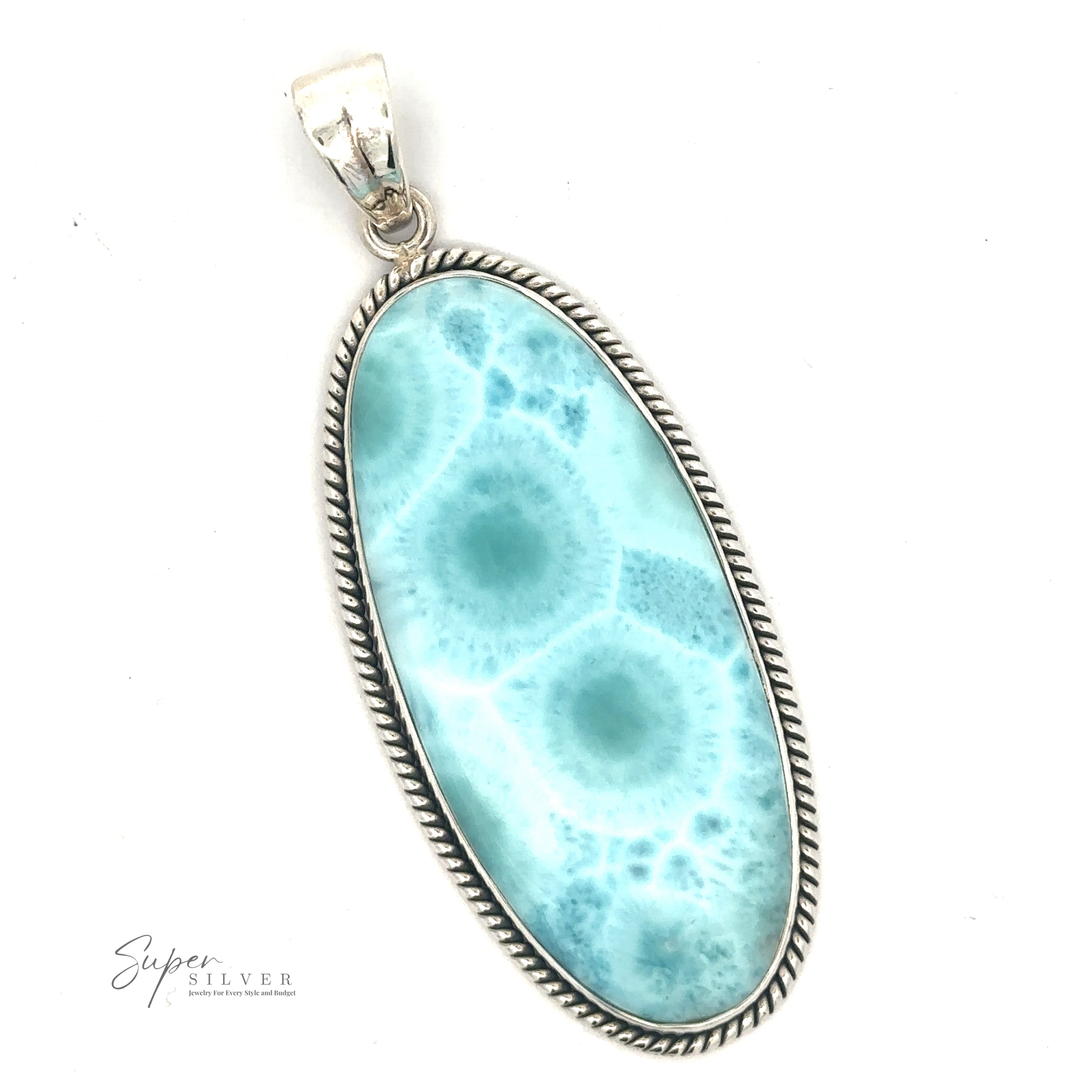 A 27x71mm silver pendant featuring an elongated oval-shaped blue gemstone with an intricate pattern, bordered by a twisted rope design, perfect for adding a touch of statement jewelry to any outfit. Crafted from sterling silver, it exudes elegance and timeless style: the Oblong Larimar Pendant with Rope Border.