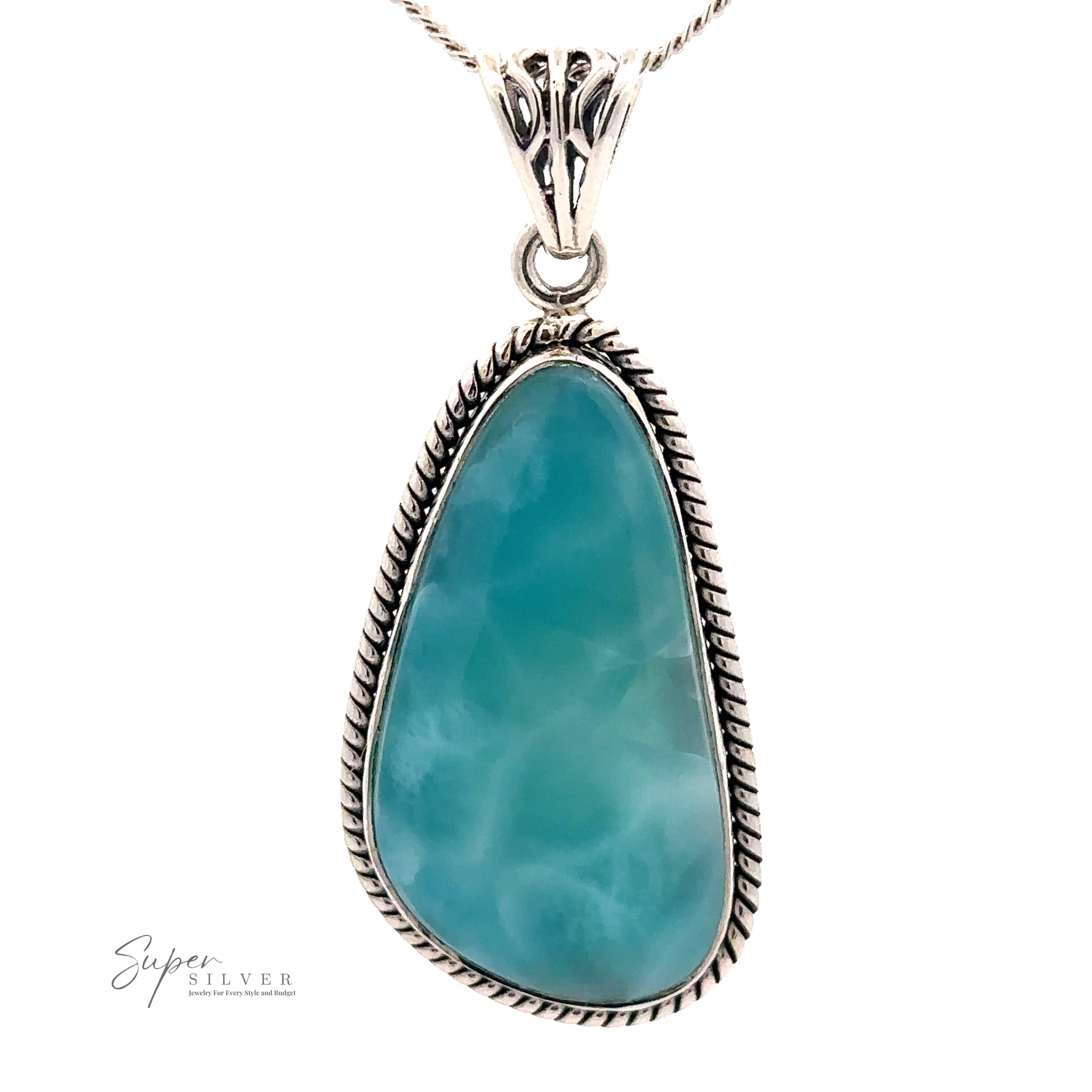 A striking Larimar Pendant with Rope Border featuring a teardrop-shaped blue stone set in a detailed Sterling Silver frame, hanging from a silver chain. The “Super Silver” logo is visible in the bottom left corner.