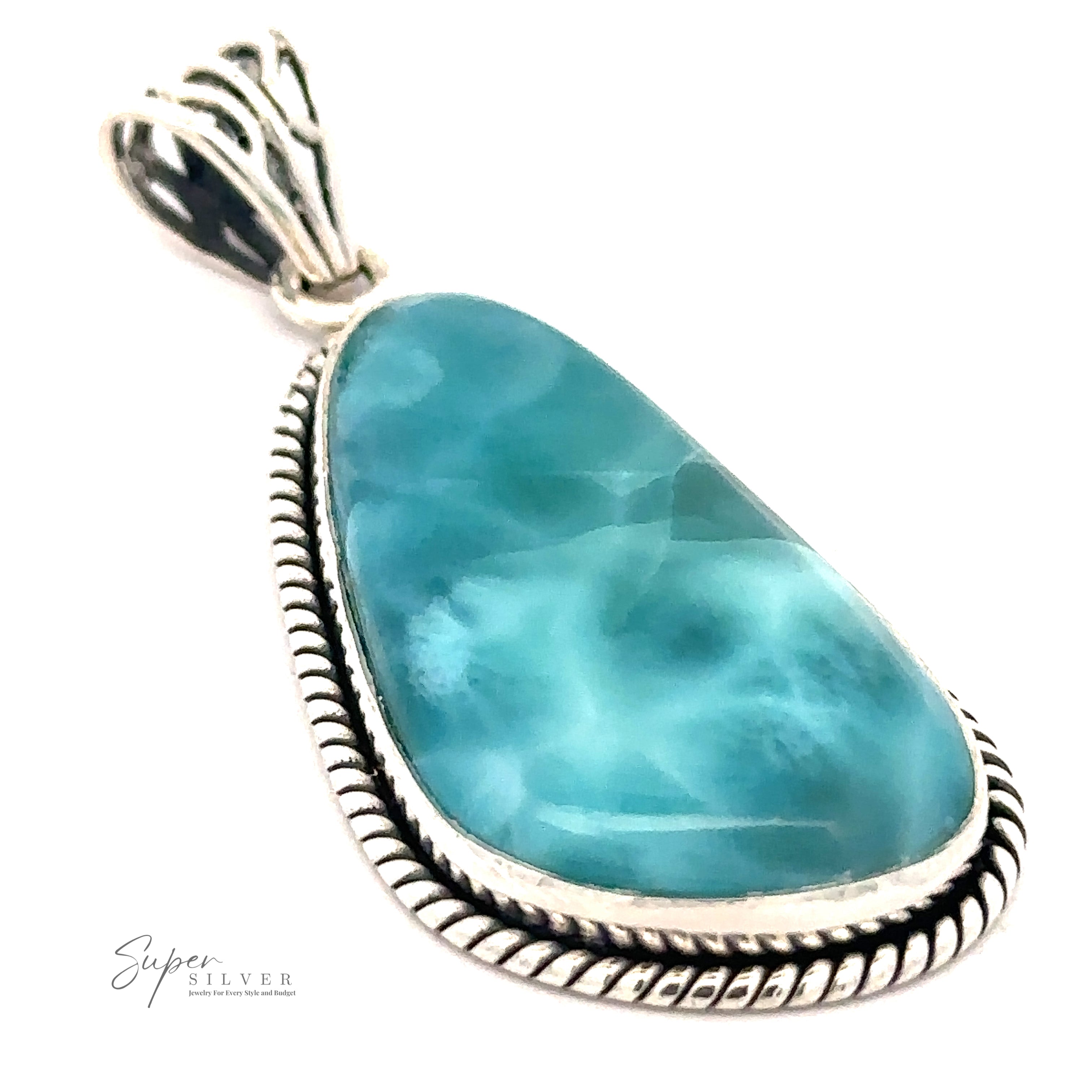 A sterling silver pendant featuring a large blue gemstone with a rope-style border and a decorative bail, displayed on a white background. The Super Silver brand logo is visible in the bottom left corner. This stunning Larimar Pendant with Rope Border captures attention effortlessly.