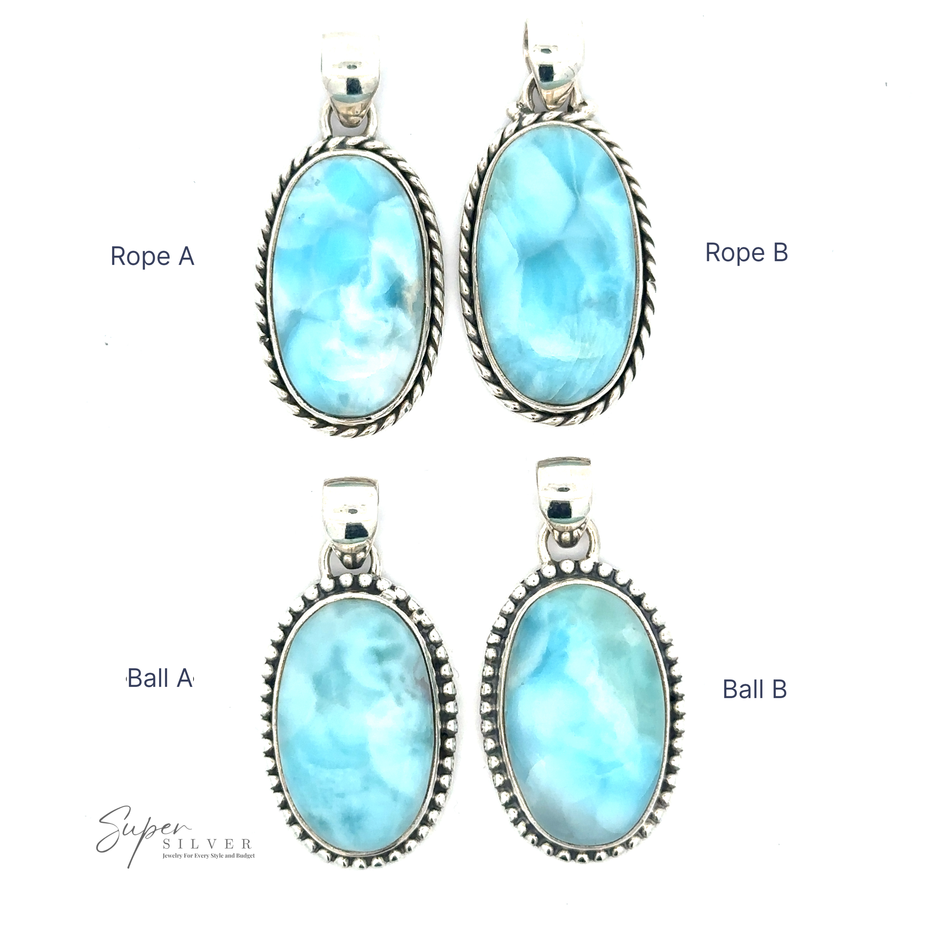 Four Larimar Oval Pendants with Ball or Rope Border are displayed, featuring unique metal edge designs: Rope A, Rope B, Ball A, and Ball B. Each pendant is meticulously crafted with sterling silver. The text "Super Silver" is in the bottom left corner.