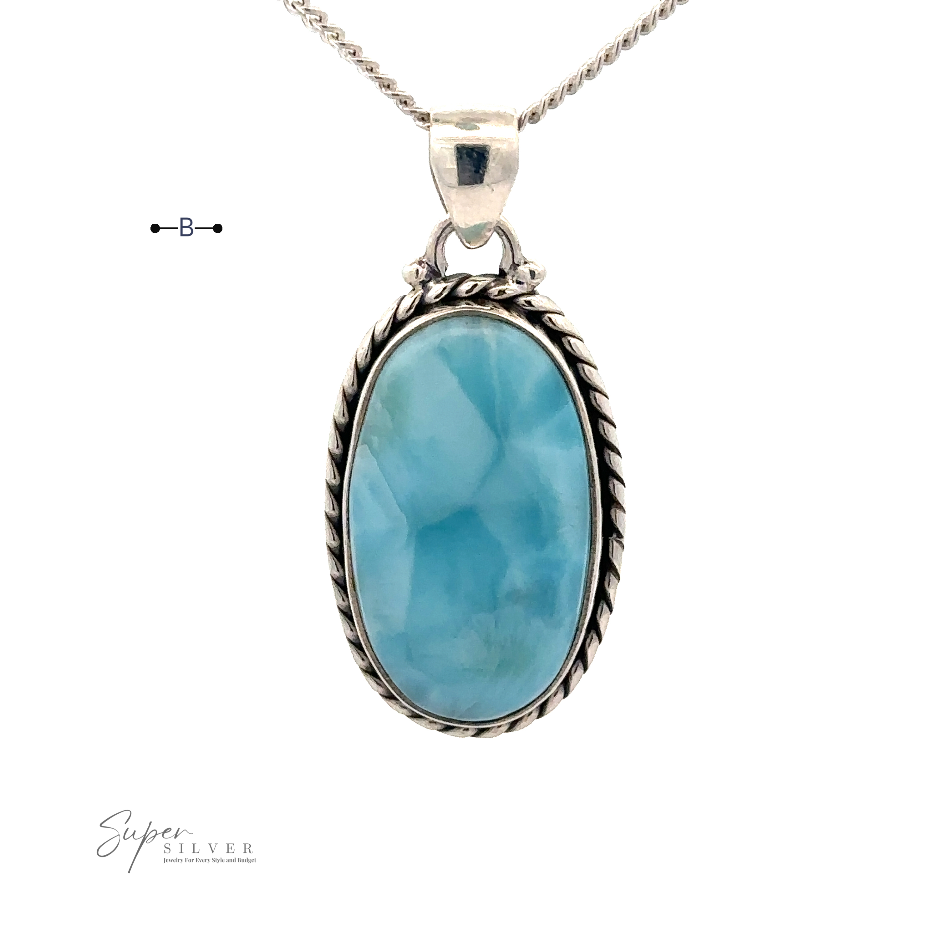 A sterling silver necklace featuring a Larimar Oval Pendant with Ball or Rope Border.