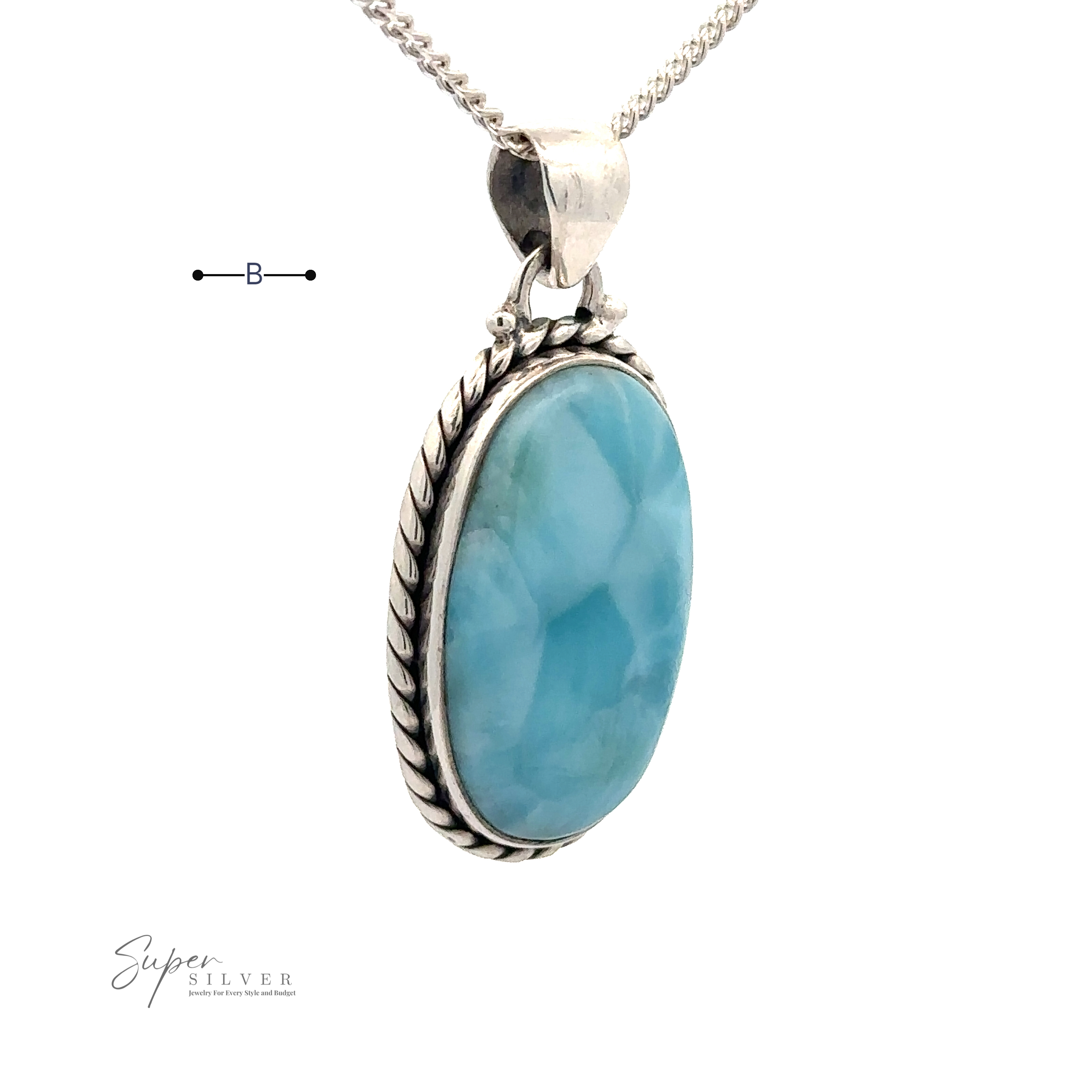 A **Larimar Oval Pendant with Ball or Rope Border** is attached to a sterling silver chain. The image includes the logo "Super Silver" in the lower left corner.