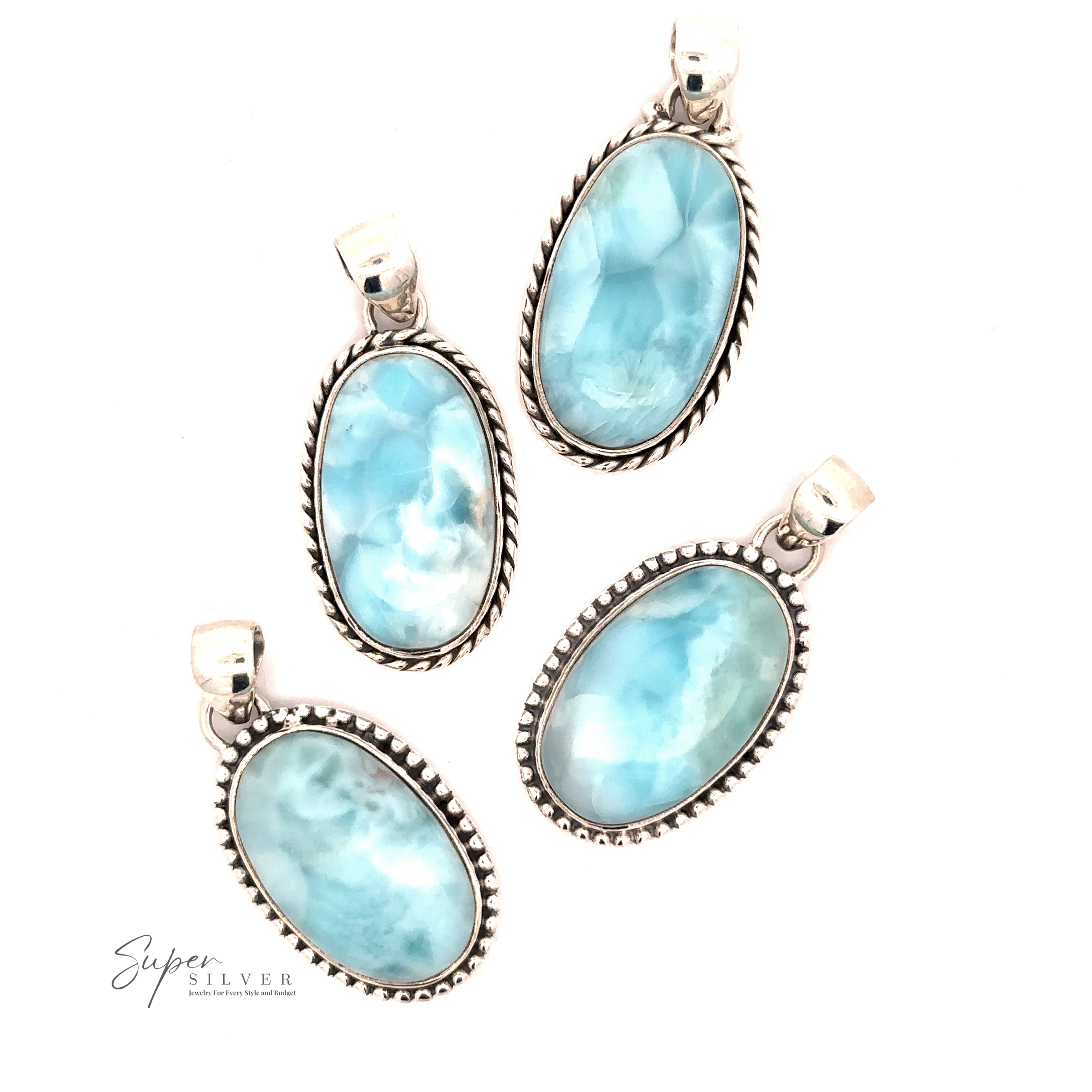 Four Larimar Oval Pendants with Ball or Rope Border featuring oval-shaped blue larimar stones are arranged on a white background. The text "Super Silver" is visible in the lower-left corner.