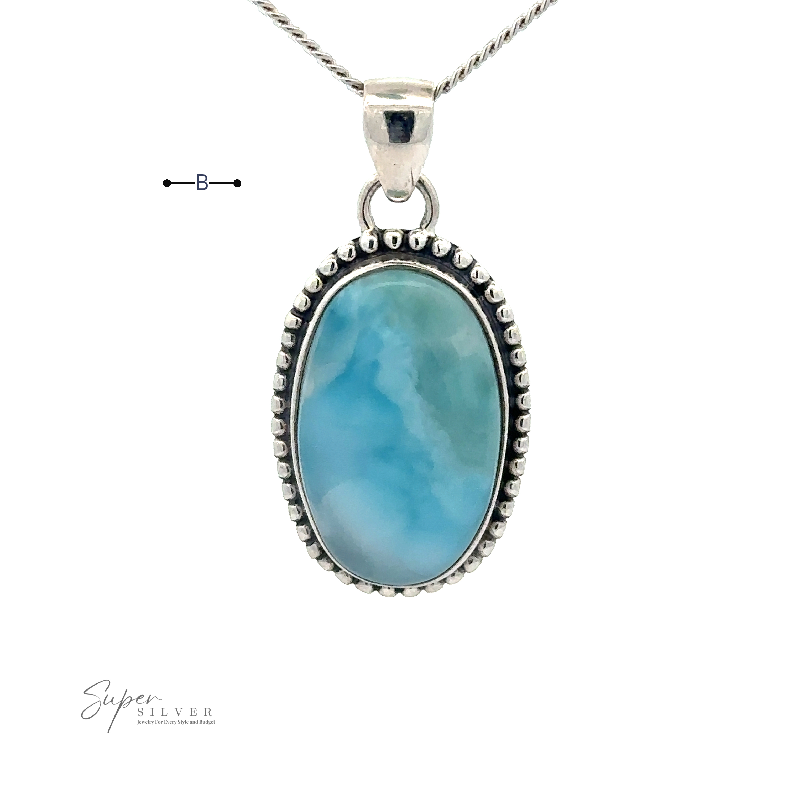 An oval-shaped Larimar Oval Pendant with Ball or Rope Border on a silver chain. The text "Super Silver" is visible in the bottom left corner.