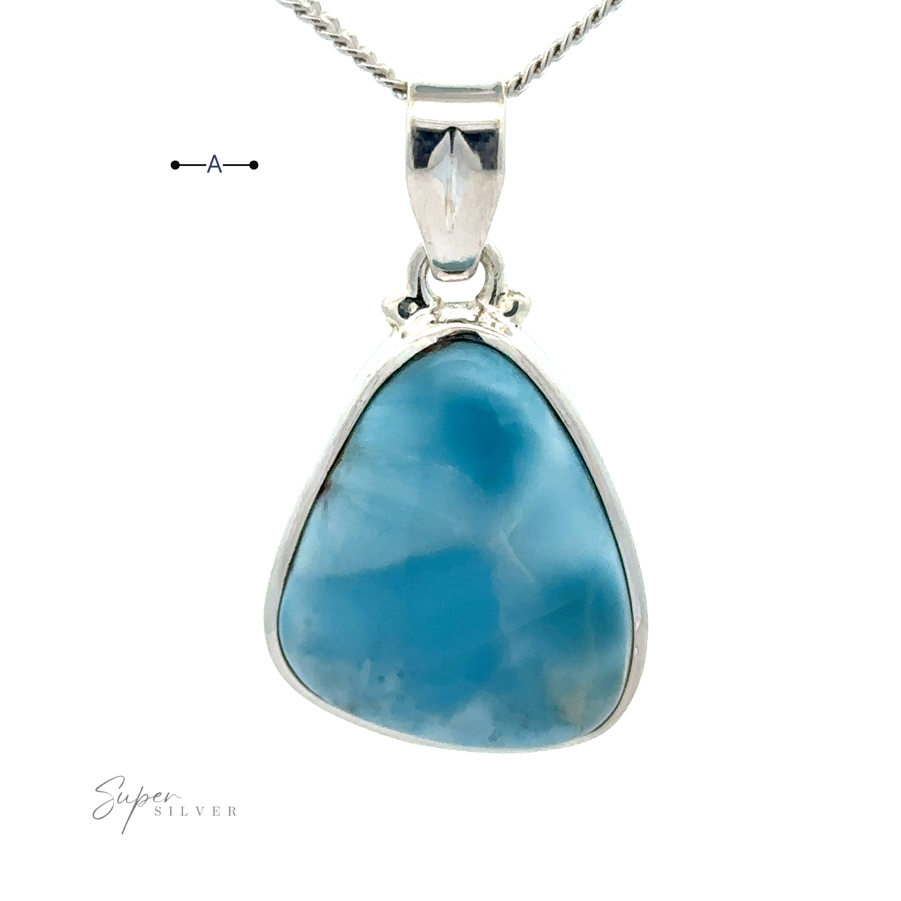 A silver necklace with a Freeform Shape Larimar Pendant is shown against a white background. The pendant has slight marbling and is polished. The sterling silver chain features a simple twisted design, but please note the chain is not included.