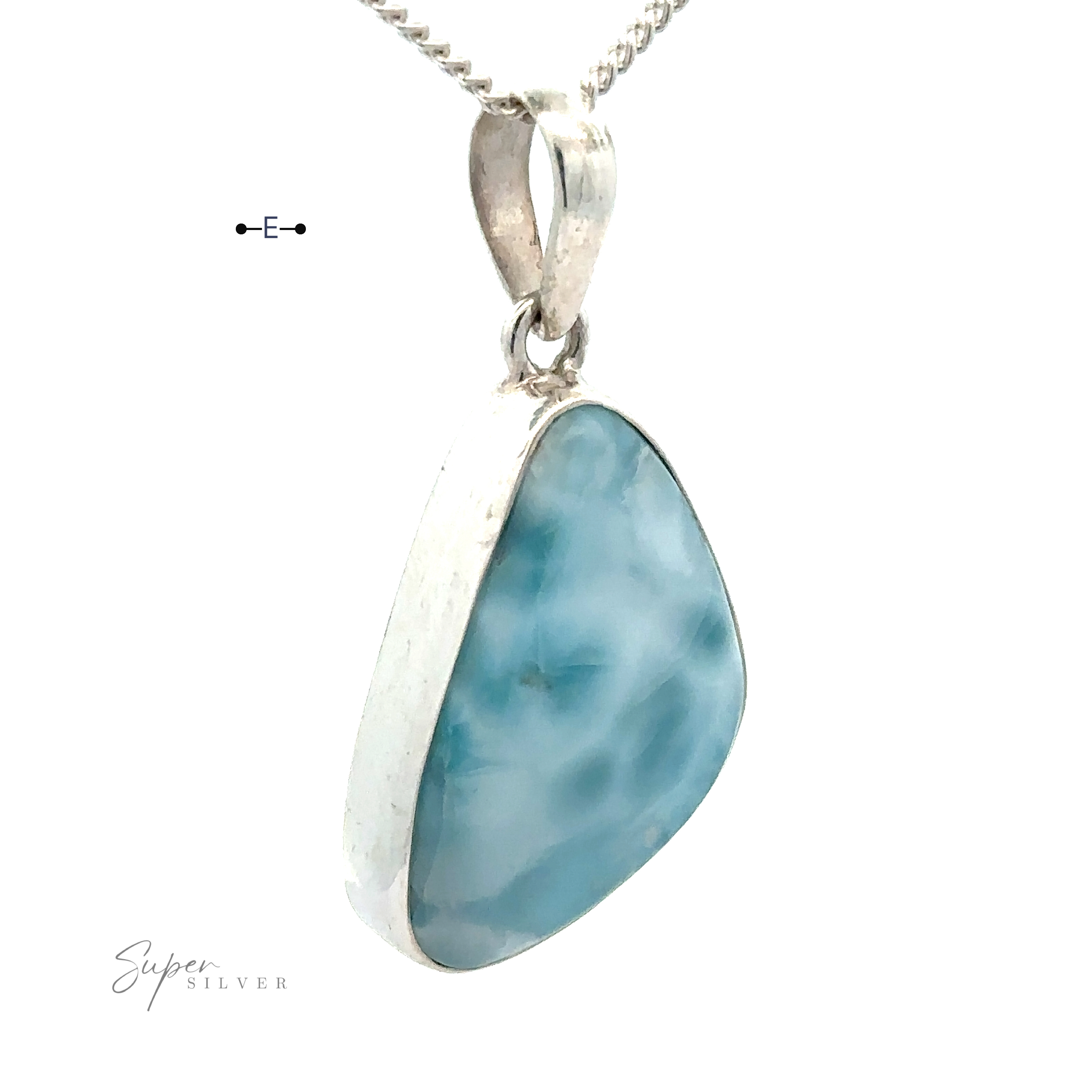 A Freeform Shape Larimar Pendant with a triangular, polished blue Larimar stone that boasts a marbled appearance. The chain is not included, allowing you to pair it with your favorite sterling silver chain for a personalized touch.