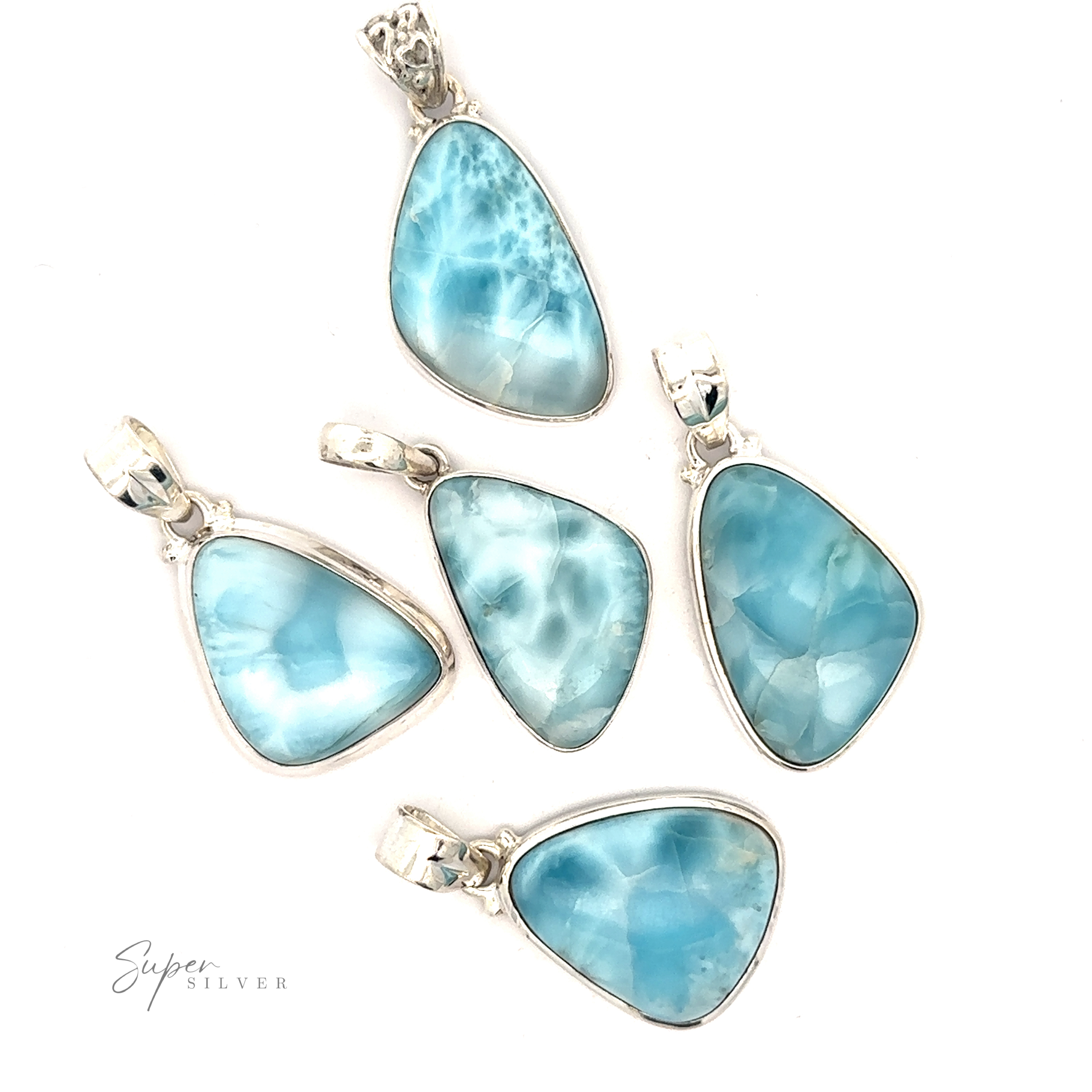 Five Freeform Shape Larimar Pendants with sterling silver settings are arranged on a white background. A "Super Silver" label is displayed in the bottom left corner. Chain not included.