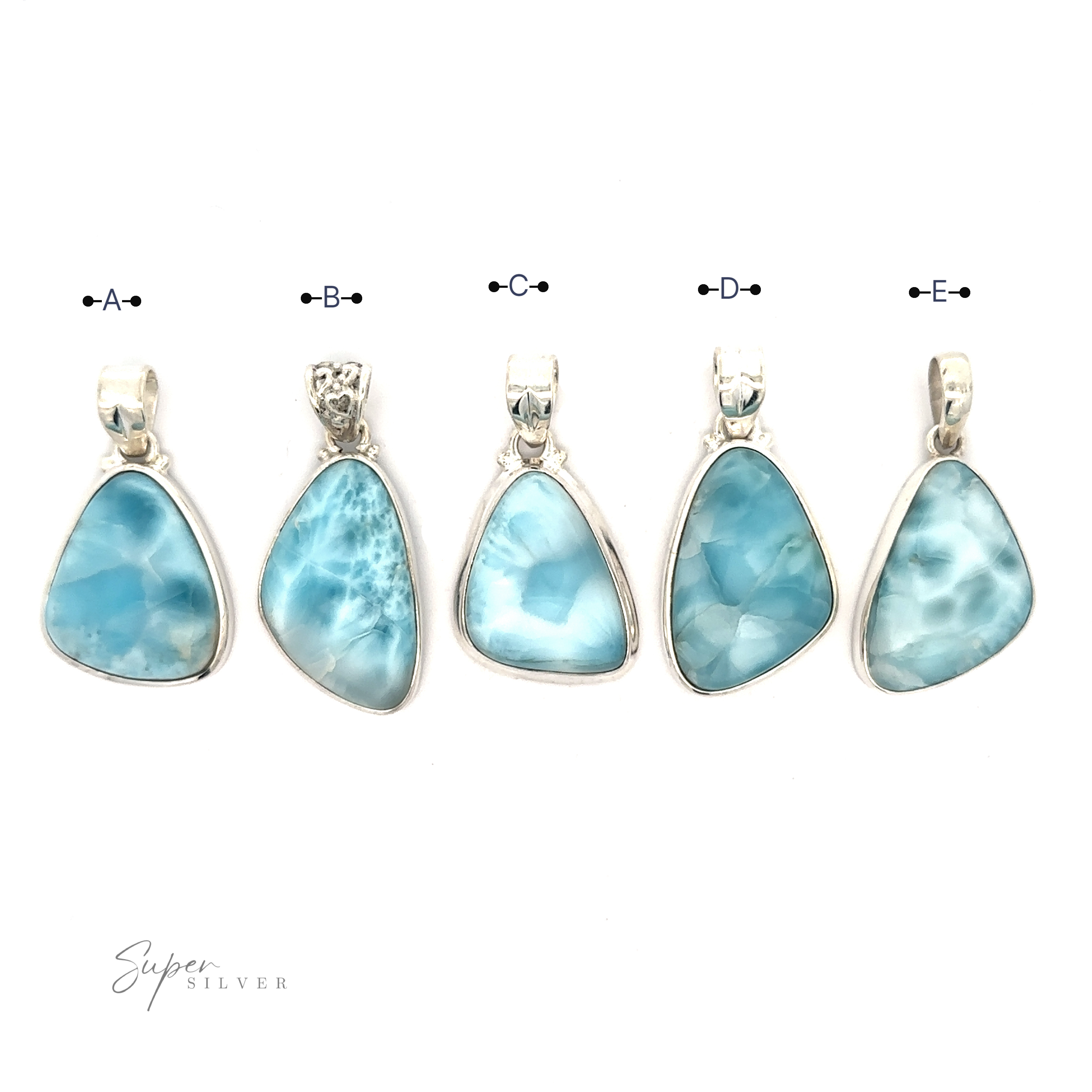 Five blue Freeform Shape Larimar Pendants labeled A to E, each set in a sterling silver frame. The stones vary slightly in shape and pattern. The background is plain white with the text "Super Silver" in the bottom left corner. Chain not included.