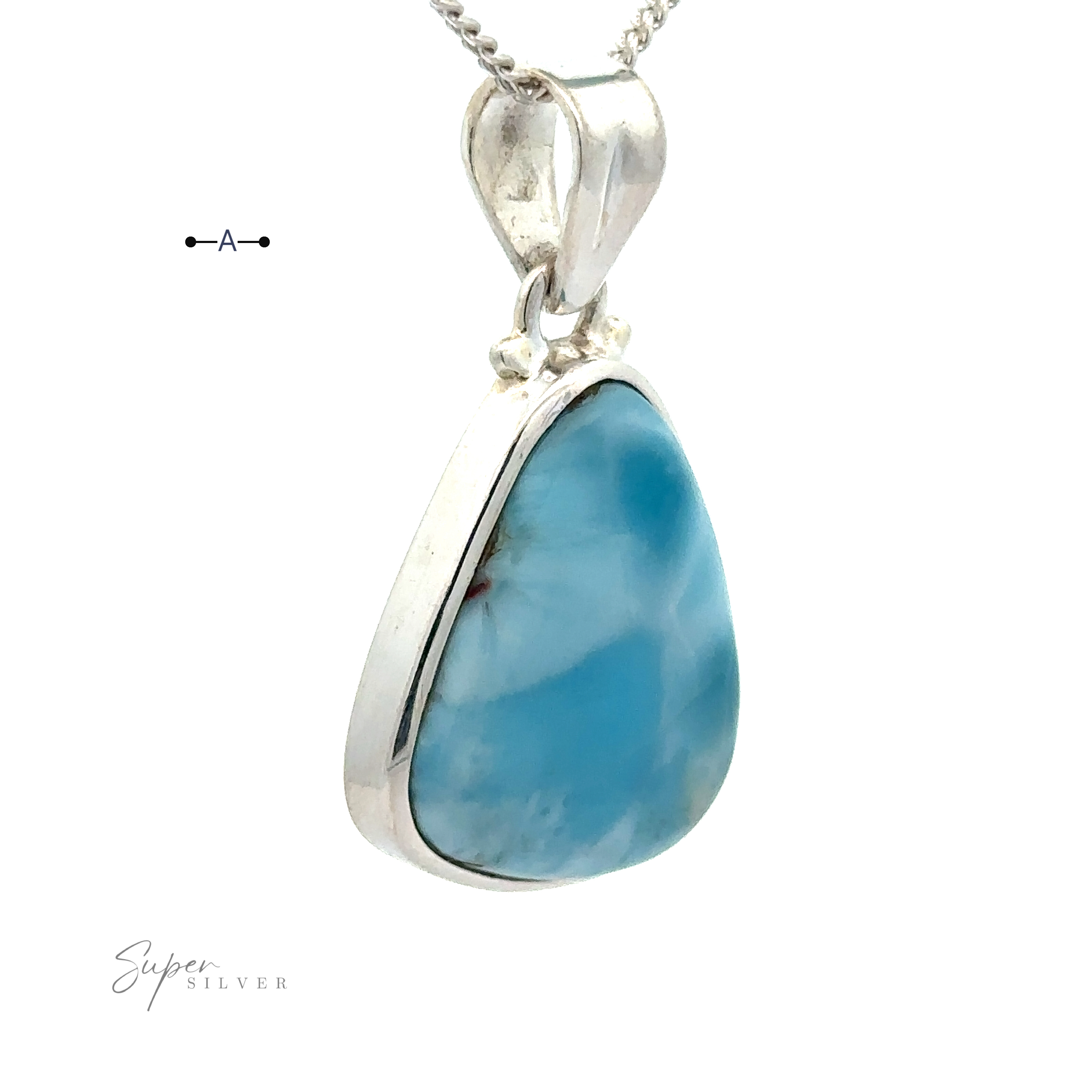 A teardrop-shaped Freeform Shape Larimar Pendants set in sterling silver with a silver chain. The background is white, and the text "Super Silver" is seen on the bottom left.