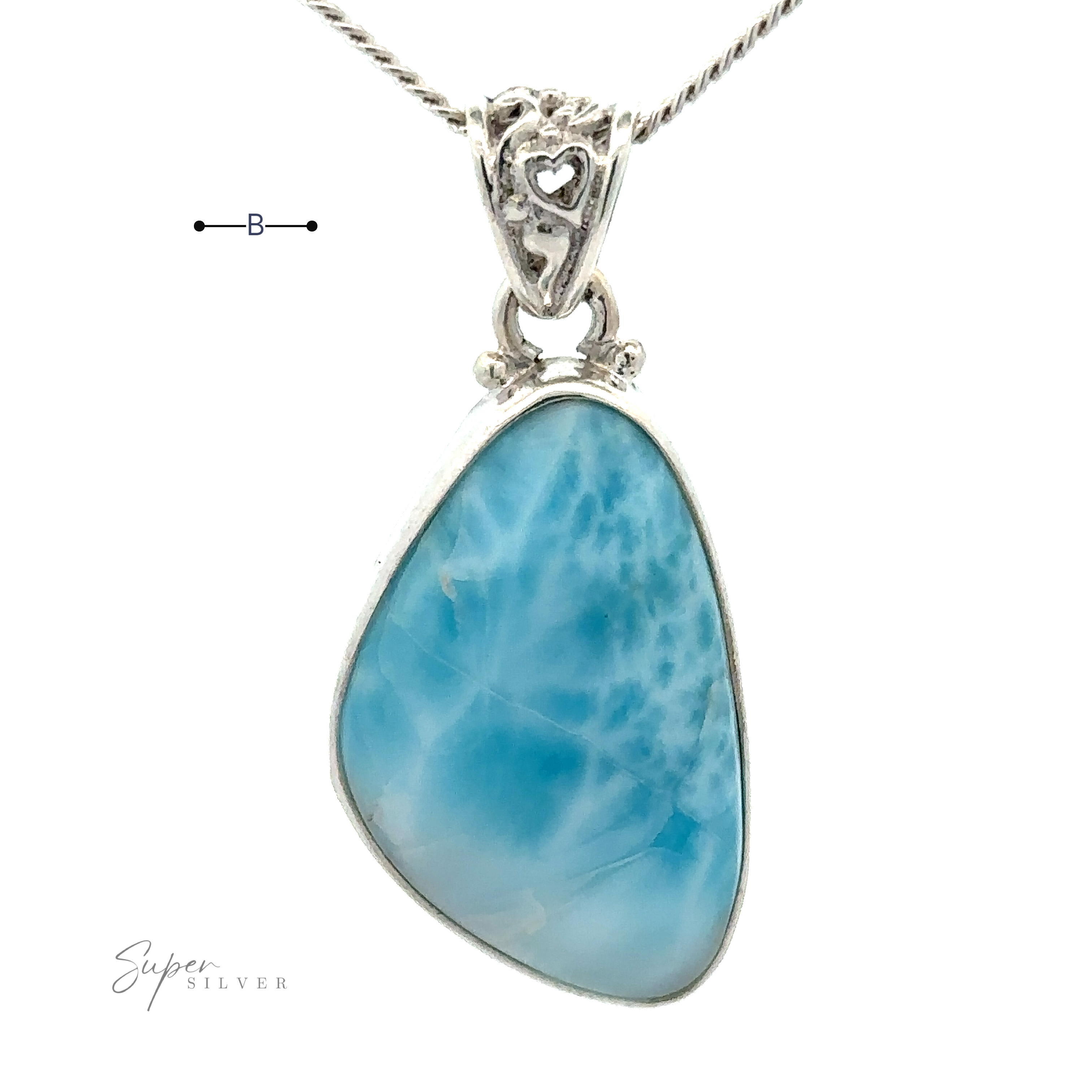 A blue Freeform Shape Larimar Pendant on a Sterling Silver chain with ornate detailing. The pendant has a triangular shape with a polished surface. The brand "Super Silver" is noted in the bottom left corner. Chain not included.