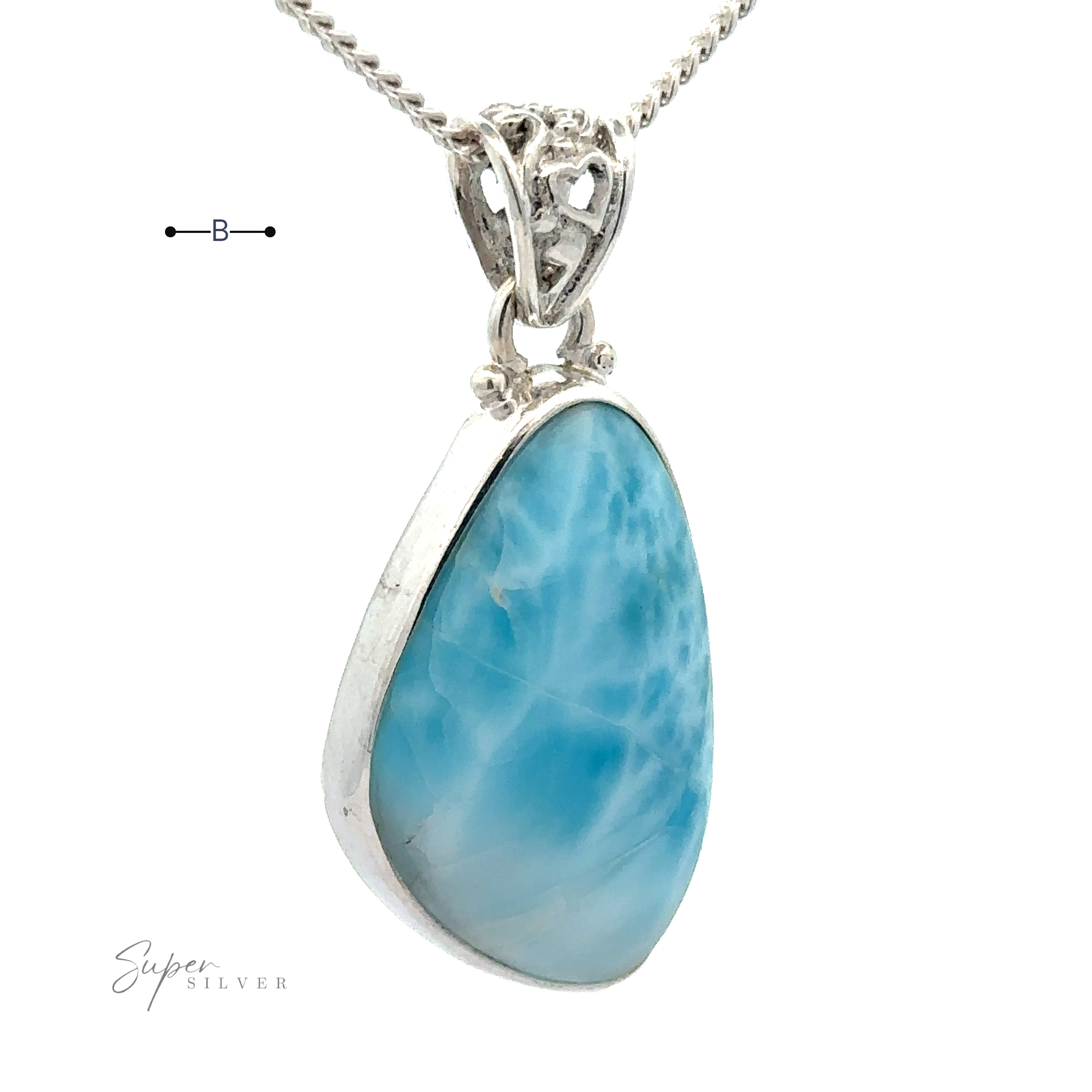 Close-up of a sterling silver pendant featuring a polished teardrop-shaped blue Larimar gemstone. The Freeform Shape Larimar Pendants are attached to a silver chain and have ornate detailing at the top. (Chain not included.)