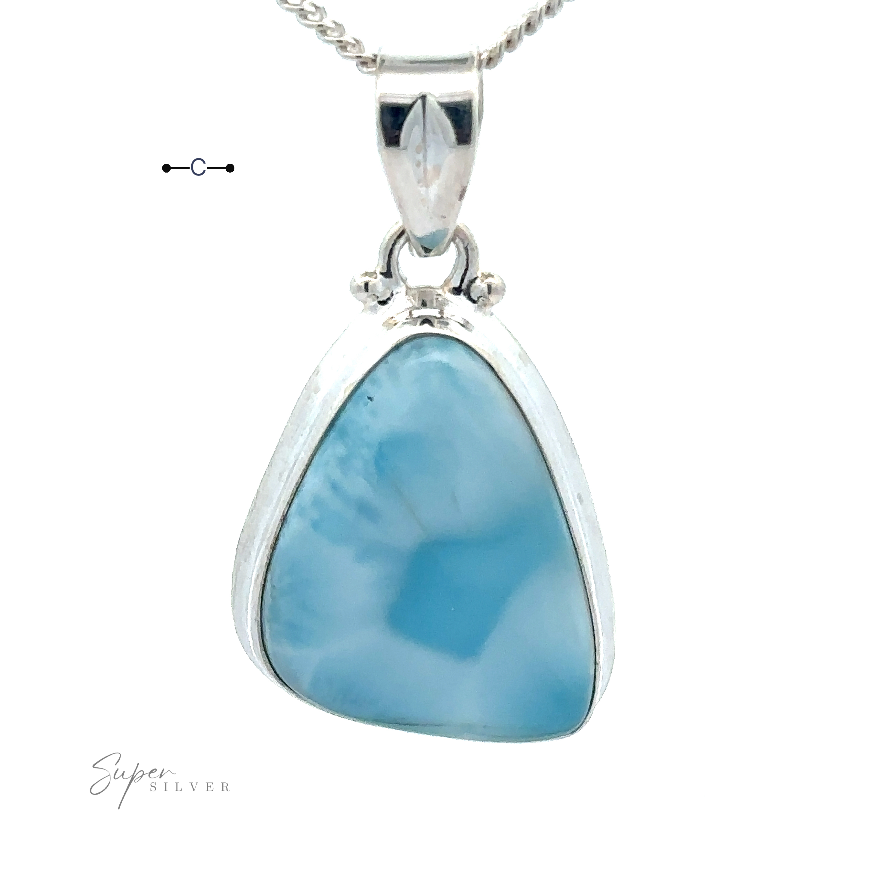 A Freeform Shape Larimar Pendant features a polished blue Larimar gemstone with an irregular triangular shape, adorned with a delicate chain. The text "Super Silver" is visible at the bottom left corner.