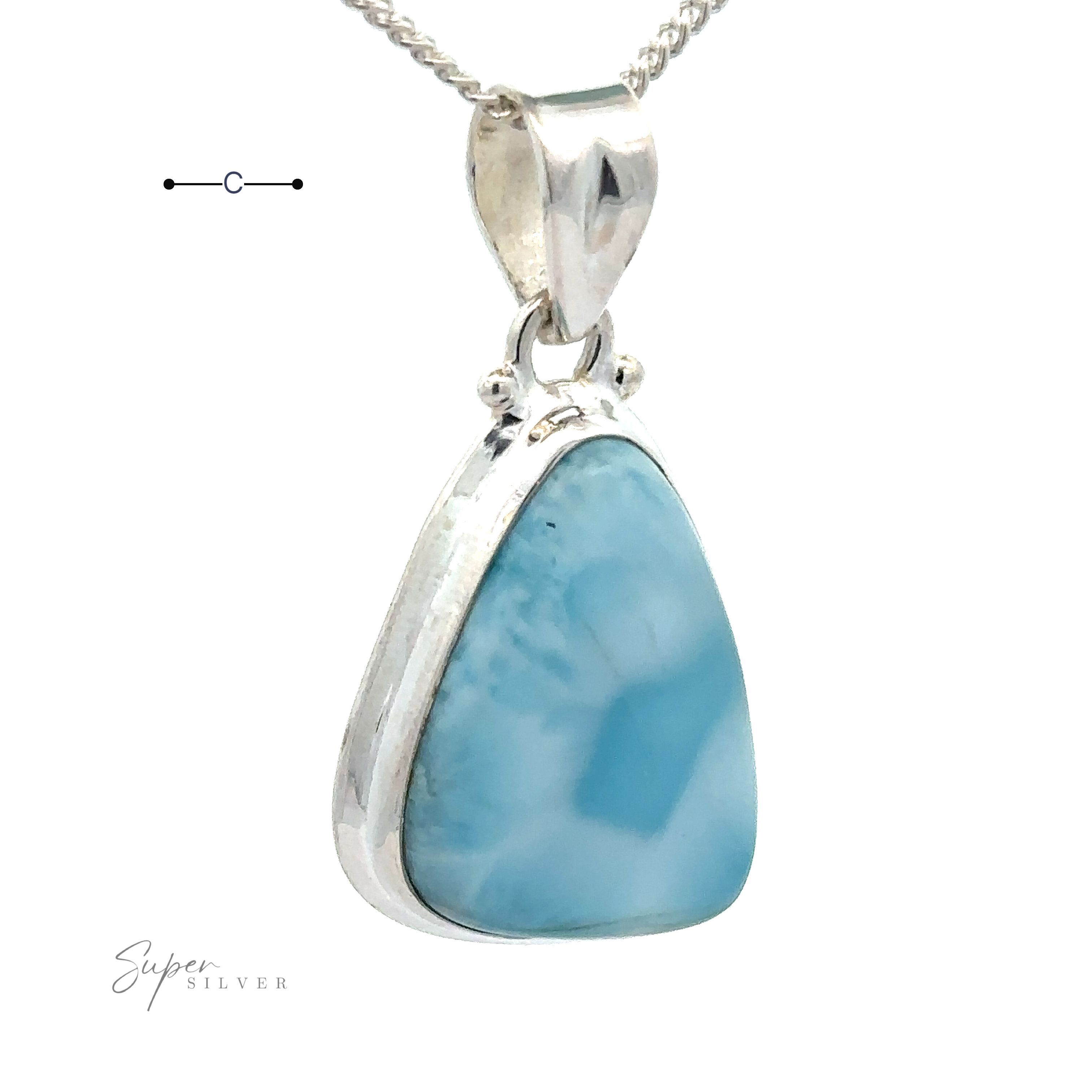 A Freeform Shape Larimar Pendant set in a sterling silver frame is hanging on a silver chain necklace.
