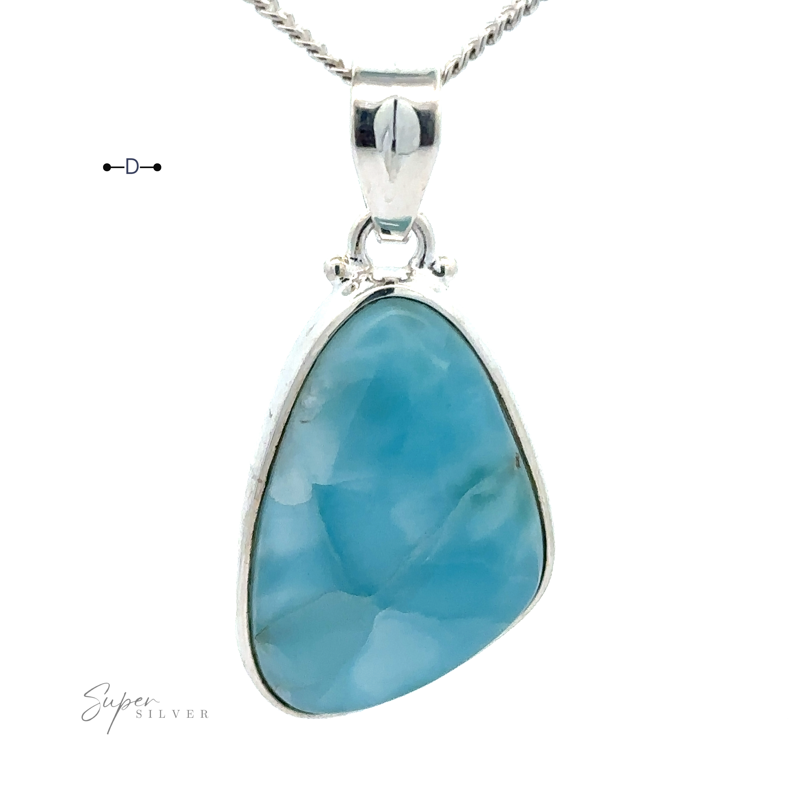 A Freeform Shape Larimar Pendant with a large, irregularly-shaped Larimar gemstone hangs on a silver chain.