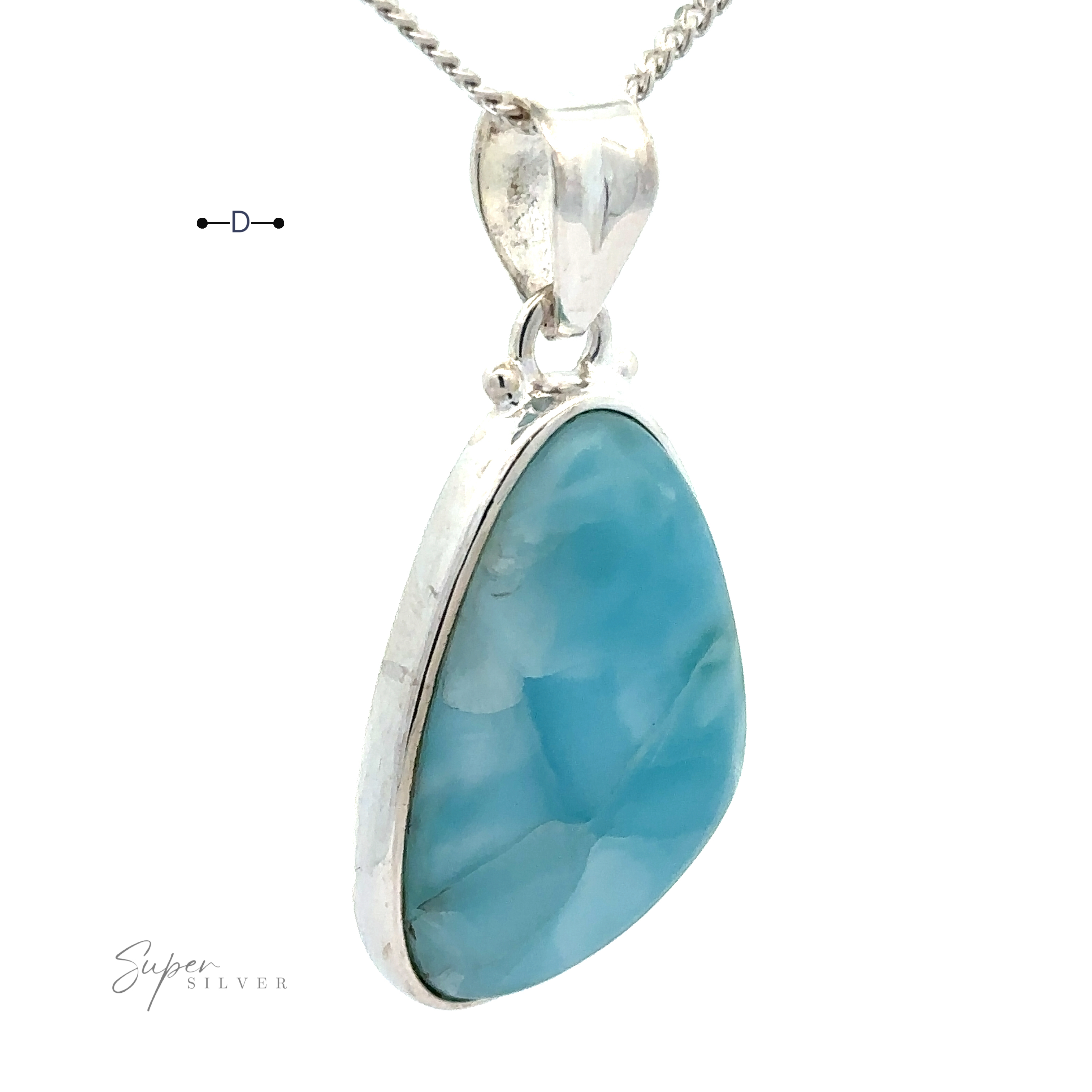 A silver pendant necklace featuring a large, irregularly shaped Larimar stone crafted in sterling silver. Chain not included. Freeform Shape Larimar Pendants.
