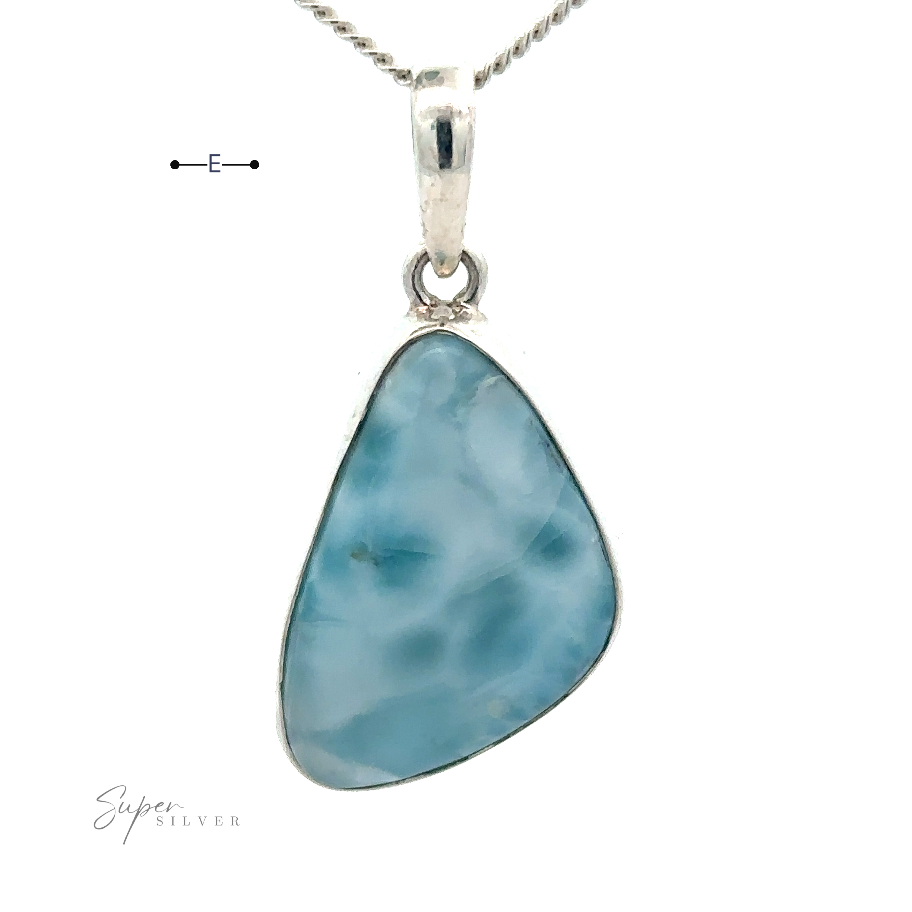 A pendant necklace with a Sterling Silver chain holding a triangular blue Larimar stone. "Freeform Shape Larimar Pendants" is written in the lower left corner.
