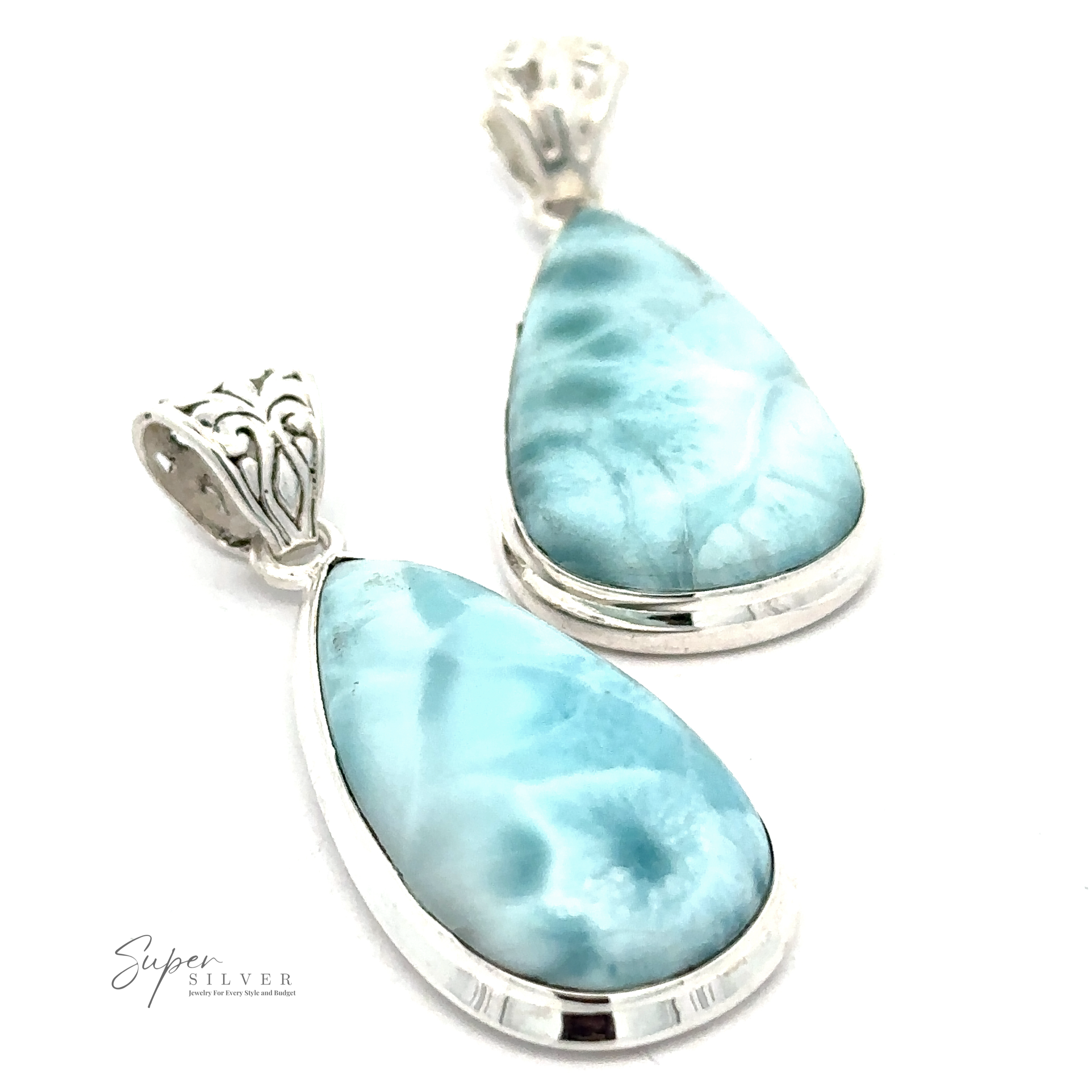 Two Teardrop Larimar Pendants set in Sterling Silver with ornate bails. Logo text on the image reads "Super Silver.
