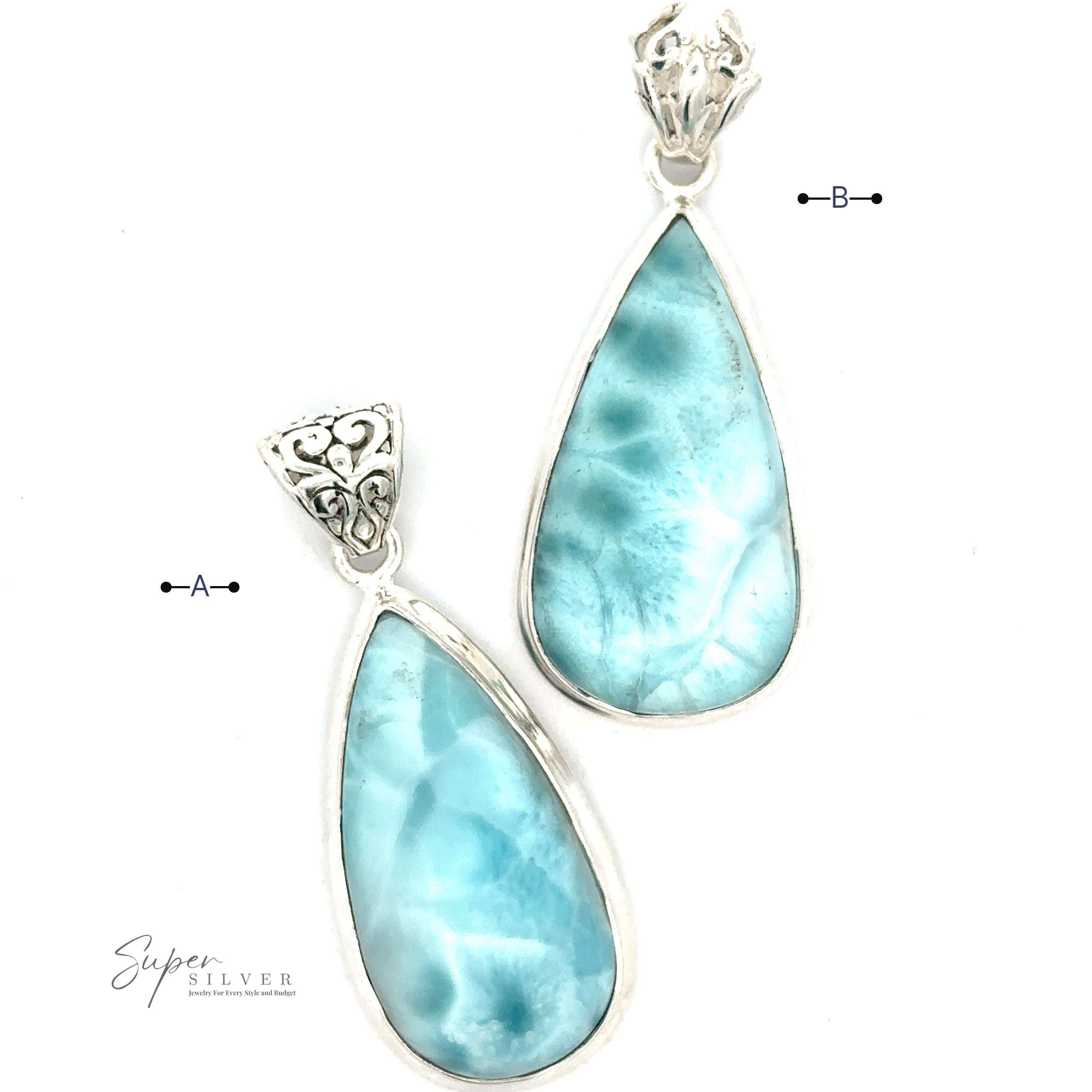 Two teardrop-shaped, silver-framed green stones with intricate silver detailing at the top. The bottom stone is larger than the top one. Made of .925 Sterling Silver, the Teardrop Larimar Pendant has the Super Silver logo at the bottom left corner. Chain not included.